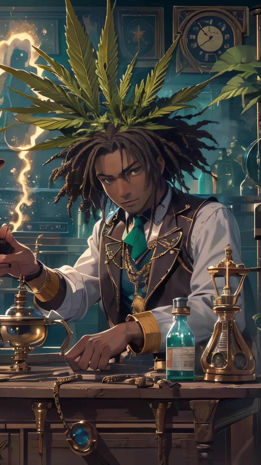 ((determined ((dark-skinned ((Haitian)) male steampunk alchemist)) outside writing alchemical equations on a chalkboard board, (wearing detailed flowing outfit), (wearing chunky emerald stone necklace and wielding glowing bubbling potions), (cannabis flower tattoos on arms and body), high quality photo, mischievously standing in the garden (with copious tall cannabis sativa plants and hydrangeas surrounding scene during foggy sunrise)