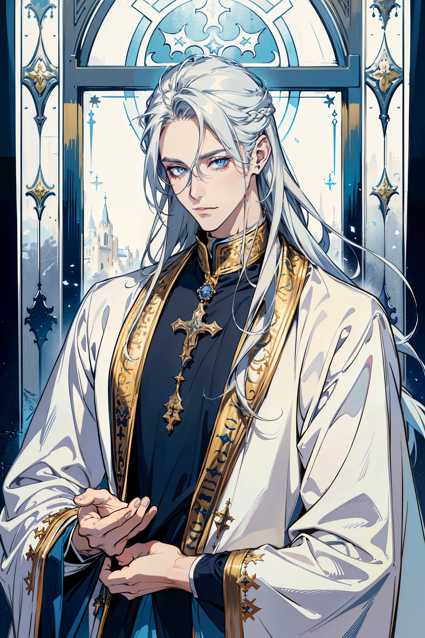 1 male, Beautiful male body, Very tall boys, muscle, cute face,smiley face, (Very long blonde hair, Hair color is blonde, Street hairstyle) , (silver eyes), actual eyes, beautiful eyes), The priest's clothes, (He wears a white priest's coat,There are some blue details on it, Yellow and white clothes), (8k wallpaper), (Blue church wallpaper) 8k, high quality, actual, beautiful actual, cool details, original photo, actual clothing, long hair, silver hair, actual hair, bright、cool lights, photo actual, cartoon shading, Gel illumination, Ultra-detailed, (man is a priest, high priest)
