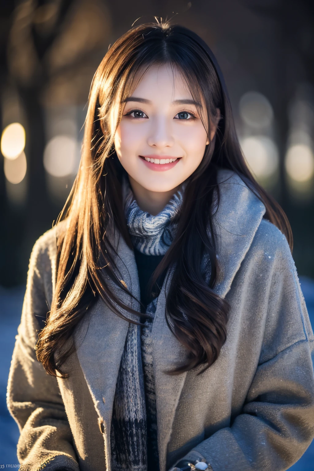 (8k, RAW photo, best quality, masterpiece:1.2), High detail RAW color photo, professional photograph,(realistic, photo realistic:1.2), ((best quality)), 1 girl, cinematic light, HDR, (finely detailed face:1.2), (masterpiece:1.5), night,under the star,black long hair,smile for the viewer, winter, near the tree, thick clothes