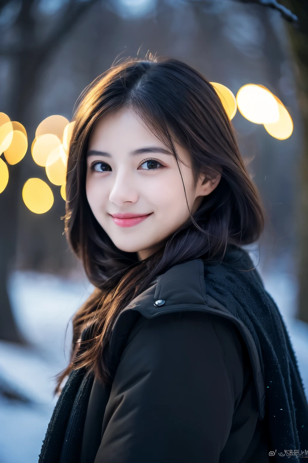 (8k, RAW photo, best quality, masterpiece:1.2), High detail RAW color photo, professional photograph,(realistic, photo realistic:1.2), ((best quality)), 1 girl, cinematic light, HDR, (finely detailed face:1.2), (masterpiece:1.5), night,under the star,black long hair,smile for the viewer, winter, near the tree, thick clothes