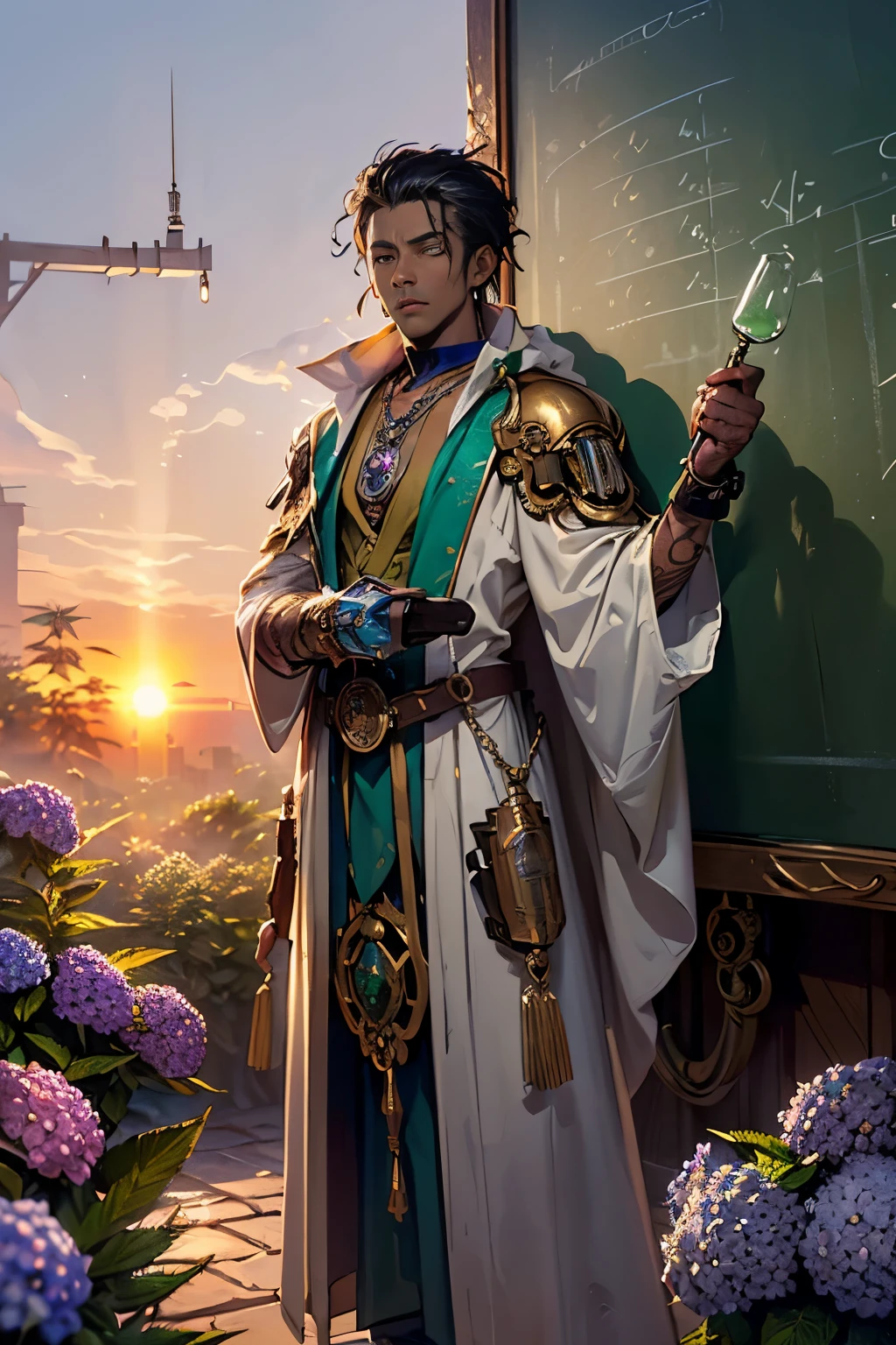 ((determined ((dark-skinned ((Haitian)) male steampunk alchemist)) outside writing alchemical equations on a chalkboard board, (wearing detailed flowing robes), (wearing chunky emerald stone necklace and wielding glowing bubbling potions), (cannabis flower tattoos on arms and body), high quality photo, mischievously standing in the garden (with copious tall cannabis sativa plants and hydrangeas surrounding scene during foggy sunrise)