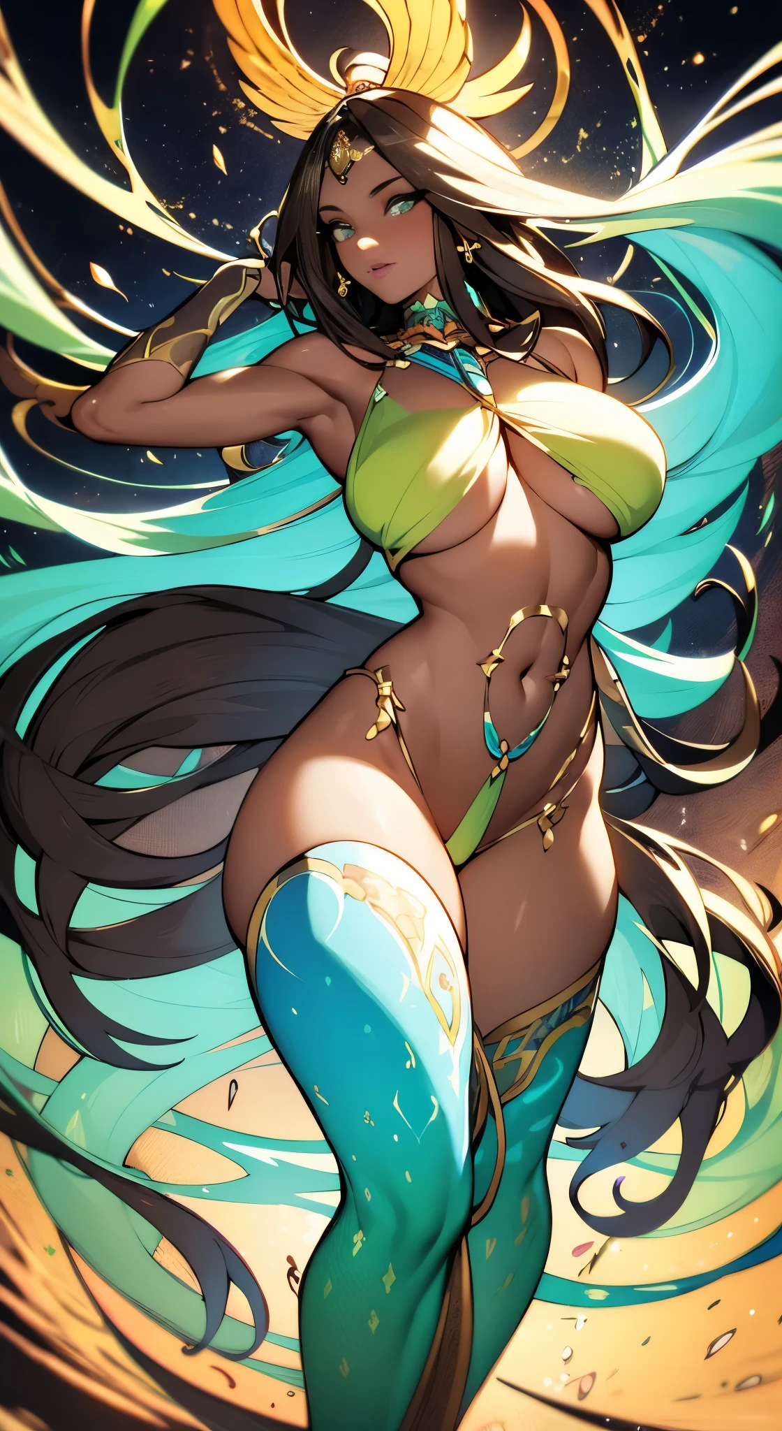 (dark brown skin:1.3), Woman + jade + india + amoroso + Splash Veil Art, sexy female superhero, exposed pussy erotic pose, young girls,dynamic angle,floating, bare_shoulders,looking_at_viewer ,wings ,arms_up,halo,Floating white silk,(Holy Light),just like silver stars imploding we absorb the light of day, Wild Xavante India, extreme tanned skin, full body image, extreme long black straight hair messes over naked , huge macaw blue parrot feather headdress, East Asian original art character design, 1girll, Solo, Gray-haired, full bodyesbian, hair adornments, mythology,epic fantasy art, big cheeks, long legs, curvy, indigenous yellow and green breast painting, breast painted blue and yellow, indigenous yellow and green facial painting, Long hair, Gradient, full body image centered around the buxom young miller's exceptionally attractive with big breast and reavling exposed cleavage with wide hips and narrow waist and exuding an alluring and voluptuous physique that radiates warmth and sensuality, gisele bundchen, cheerfull and happy expression on her face, hyper-realistic photography portrait, beautiful lips,detailed large eyes, Her eyes are a striking and inviting feature, realistic body details scar and fracture, extreme abnormally huge , erotic fantasy, tranquil flower princess with soft hair dancing in the wind and intricately braided. Her sweet face has puffy, kissable lips and stunning, highly realistic eyes, hires eyes, 8k eyes, beautiful detail eyes, realistically shaded eyes, dazzling big eyes and realistic eyes in vibrant colors. She is wearing delicately detailed colourful fabric of gossamer silk and satin, beautiful flowers of varying sizes and colors, with delicate flowers dancing in the wind and creating a dynamic and compelling image