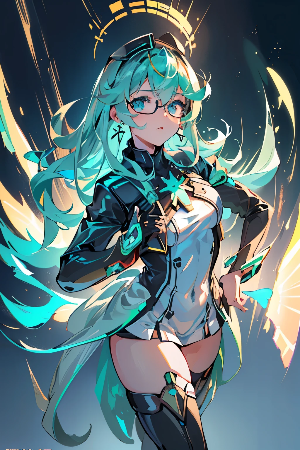 Anime, Girl, (((1girl))), (((Waifu, Xenoblade Chronicles 2, Pneuma Waifu))), (((Seafoam Green Hair, Long Hair))), ((Seafoam Green Eyes eyes:1.3, Upturned Eyes: 1, Perfect Eyes, Beautiful Detailed Eyes, Gradient eyes: 1, Finely Detailed Beautiful Eyes: 1, Symmetrical Eyes: 1, Big Highlight On Eyes: 1.2)), (((Lustrous Skin: 1.5, Bright Skin: 1.5, Skin Fair, Shiny Skin, Very Shiny Skin, Shiny Body, Plastic Glitter Skin, Exaggerated Shiny Skin, Illuminated Skin))), (Detailed Body, (Detailed Face)), Young, Idol Pose, (Best Quality), ((((Techwear))), (((Military Uniform))), (((Military Cap))), (((Military Coat))), (((Thigh-high Heeled Boots))), (((Reading Glasses))), (((Earrings)))) High Resolution, Sharp Focus, Ultra Detailed, Extremely Detailed, Extremely High Quality Artwork, (Realistic, Photorealistic: 1.37), 8k_Wallpaper, (Extremely Detailed CG 8k), (Very Fine 8K CG), ((Hyper Super Ultra Detailed Perfect Piece)), (((Flawlessmasterpiece))), Illustration, Vibrant Colors, (Intricate), High Contrast, Selective Lighting, Double Exposure, HDR (High Dynamic Range), Post-processing, Background Blur