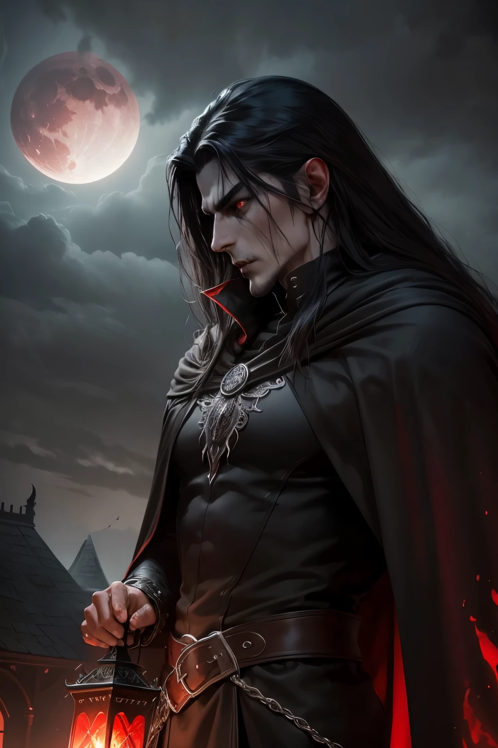 Dark muscular man, evil lord, long flowing black hair, Black and red cloak, piercing red eyes, menacing expression on his face, powerful aura, standing in a dimly lit room,, casting eerie shadows, , decorated with intricate details, with a sinister grin, Gives off an aura of darkness, With a frightening presence, in a gothic castle, with impressive architecture, shrouded in fog, under the blood red moon, amidst a brewing storm, Creating an ominous atmosphere, Reminds me of the cover of a dark fantasy novel, With spectacular lighting, emphasizing the contrast between light and shadow, evoking a sense of mystery and danger, with a touch of supernatural elements and captivating artistry.