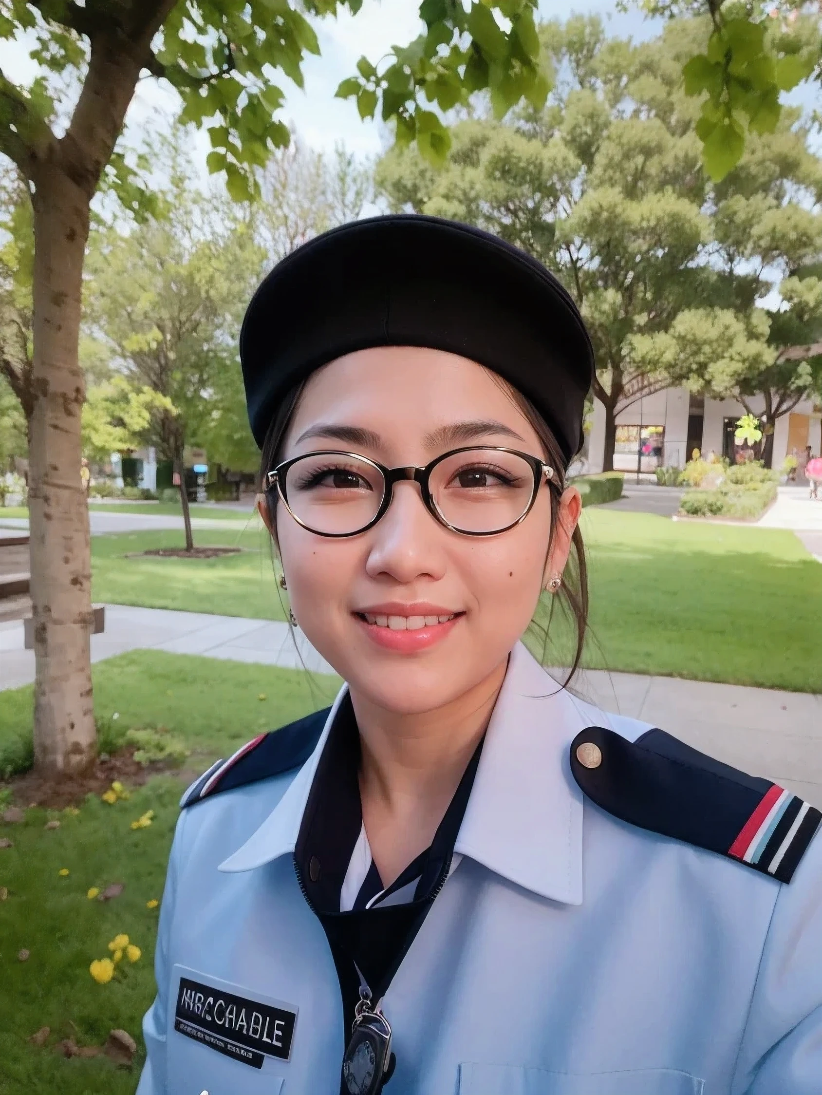 Aarav woman in uniform stands.((mall)), dang my linh, tomorrow, Tran., Profile picture, My name is Chandra., safety agent, big breasts,hoang long ly, Profile pictureมืออาชีพ,  Picture taken on 2 0 2 4, safety, Go to DAI, In Laman style, phong shaded,smile cheerfully