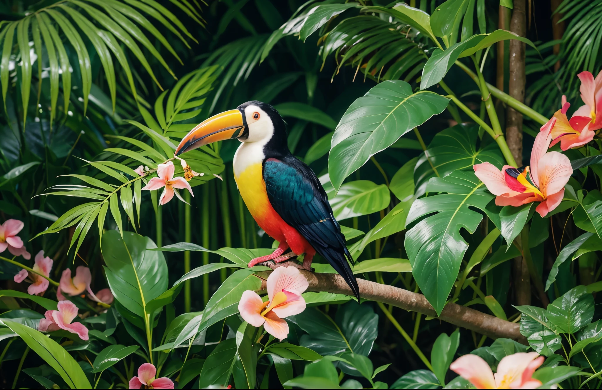 A brightly colored toucan perched on a branch，Flowers in the background, Rare birds in the jungle, tropical birds, 6 toucan beans, Amazon rainforest background, zoo photography, colorful jungle, beautiful nature, Colorful birds, colorful bird，Long, Digital Art Animal Photos, Amazon jungle, High quality wallpaper, Perched on mossy branches, tropical