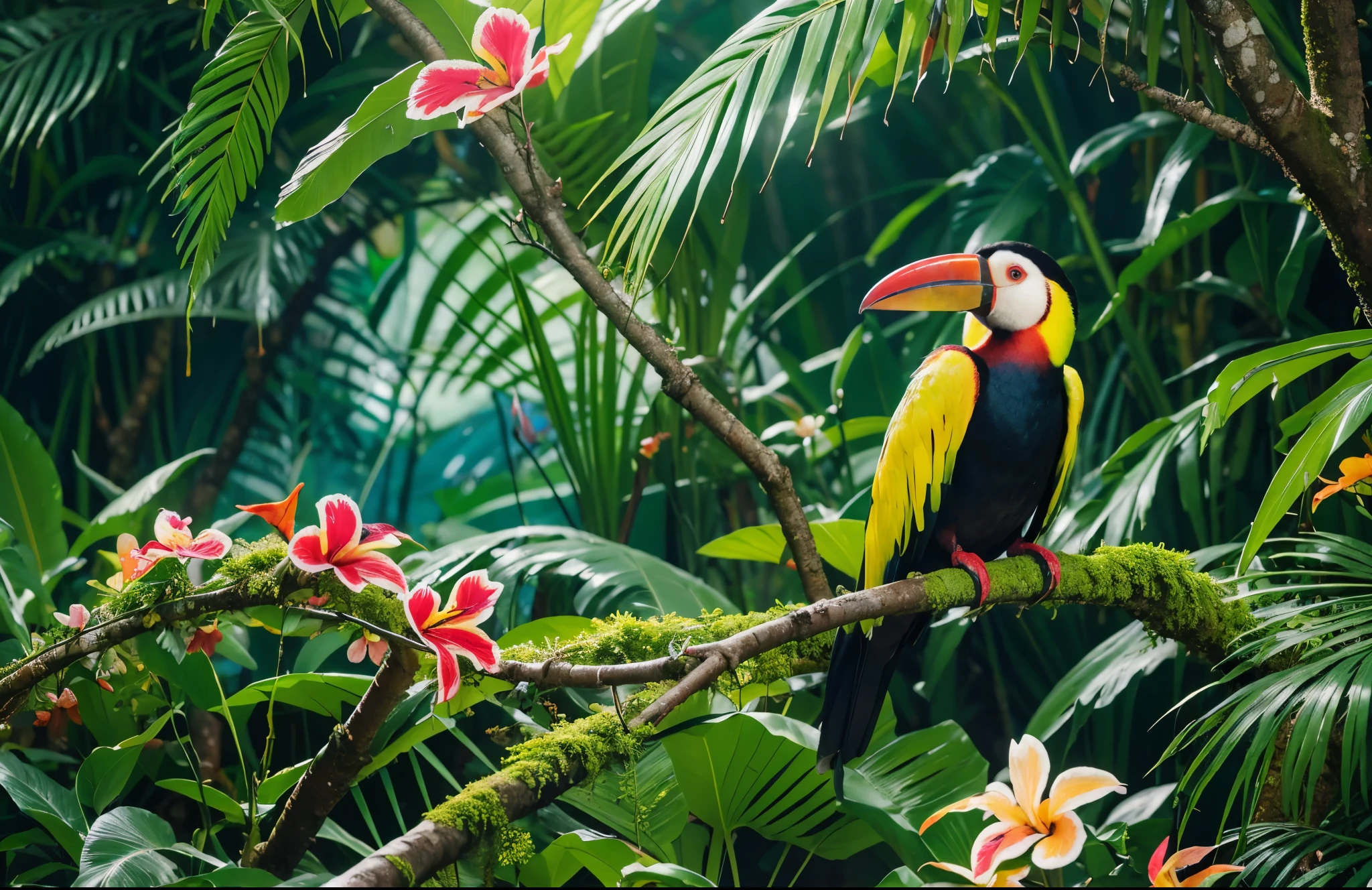 Brightly colored birds perched on branches，Flowers in the background, Rare birds in the jungle, toucan, tropical birds, 6 toucan beaks, Amazon rainforest background, zoo photography, colorful jungle, beautiful nature, Colorful birds, colorful bird，Long, Digital Art Animal Photos, Amazon jungle, High quality wallpaper, Perched on mossy branches, tropical