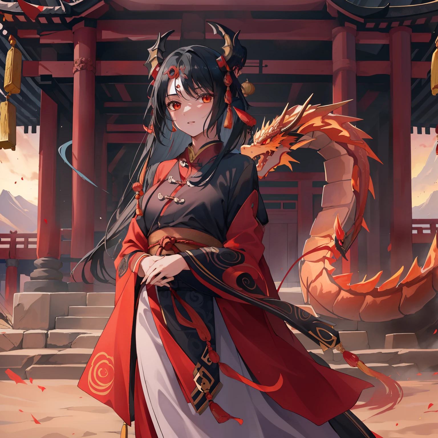 1girl,black hair,((temple background)),dust dragon,dust,solo,standing,scenery,sunset,wide shot,fantasy,realistic,red hanfu,((vortex dust chinese dragon)), ((Best Quality)), ((Masterpiece)), (Very Detailed:1.3)
