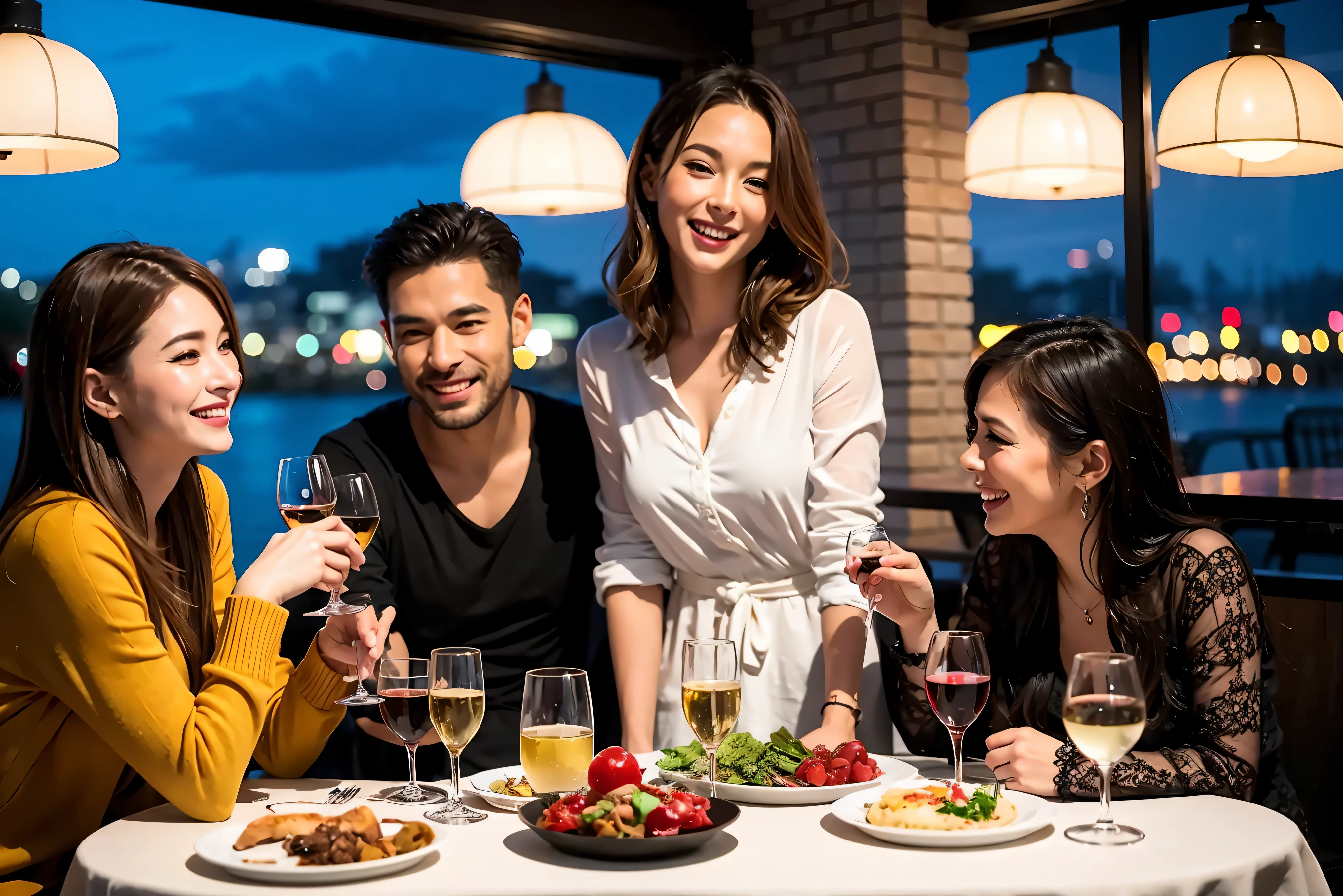 64k, UHD, highest quality, masterpiece: 1.2), (realistic, photorealistic: 1.37), Super detailed, celebration party、beauty、beautiful mature woman、3 women who love wine、Three Men、champagne、Sparkling wine、winter night、restaurantでワイン宴会、(slimな男女4名),(Wine party for 5 people)、(slimフェイス),Happy、 最高なsmile、Fox Face、Berry Short、(because I&#39;thin), (brown hair), (shortcut), long sleeve shirt、winter fashion、Japanese、Dutch、German、Portuguese、Belgian、Italian、french, (gushing), (slimボティ), (brown hair), (shortcut), 端正なbeauty、cheeks blush a little, (34 years old), 38 years old, alone, A beautiful and detailed night view spreads out outside the window....., restaurant, wine glassが座っている, At night, in a prominent place (from the Upper body) nova frog style, actress, model, Upper body, White wine, slim, wine glass, Very beautiful night view, wine glass Put in the Middle, Happy smile, (smile: 1.15), 
