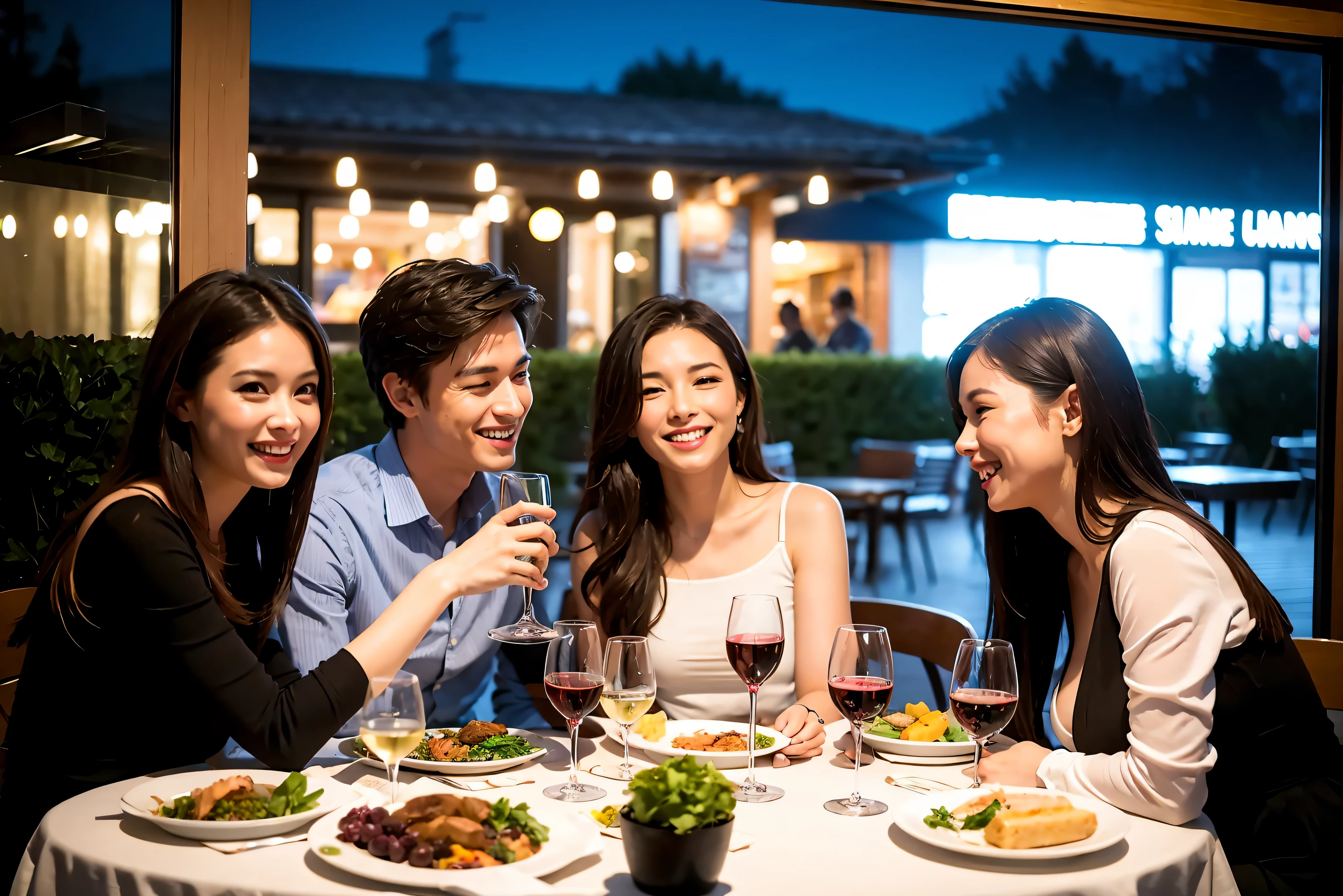64k, UHD, highest quality, masterpiece: 1.2), (realistic, photorealistic: 1.37), Super detailed, celebration party、beauty、beautiful mature woman、3 women who love wine、Three Men、champagne、Sparkling wine、winter night、restaurantでワイン宴会、(slimな男女4名),(Wine party for 5 people)、(slimフェイス),Happy、 最高なsmile、Fox Face、Berry Short、(because I&#39;thin), (brown hair), (shortcut), long sleeve shirt、winter fashion、Japanese、Dutch、German、Portuguese、Belgian、Italian、french, (gushing), (slimボティ), (brown hair), (shortcut), 端正なbeauty、cheeks blush a little, (34 years old), 38 years old, alone, A beautiful and detailed night view spreads out outside the window....., restaurant, wine glassが座っている, At night, in a prominent place (from the Upper body) nova frog style, actress, model, Upper body, White wine, slim, wine glass, Very beautiful night view, wine glass Put in the Middle, Happy smile, (smile: 1.15), 