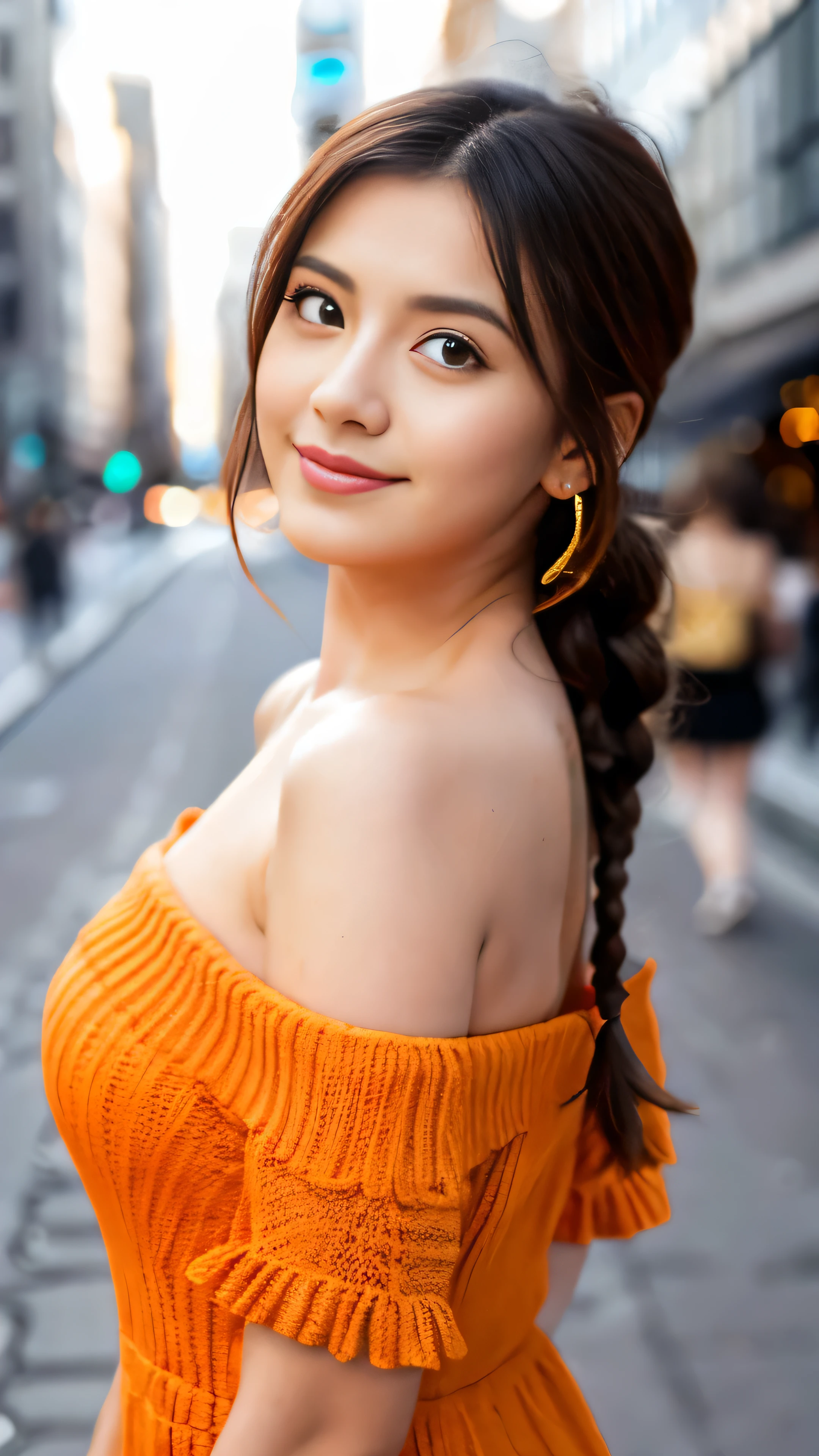 a woman posing on the street corner with orange dress on, best quality, 1girl, large breast, day, bright, blur background, bokeh, outdoor, (street:0.8), (people, crowds:0.8), (off-shoulder dress:1.2), gorgeous, (braided bangs:1.2), beautiful detailed sky, (dynamic pose:1.2), soft lighting, wind, shiny skin, (upper body:0.8), (freckles:0.8), mole under mouth, 