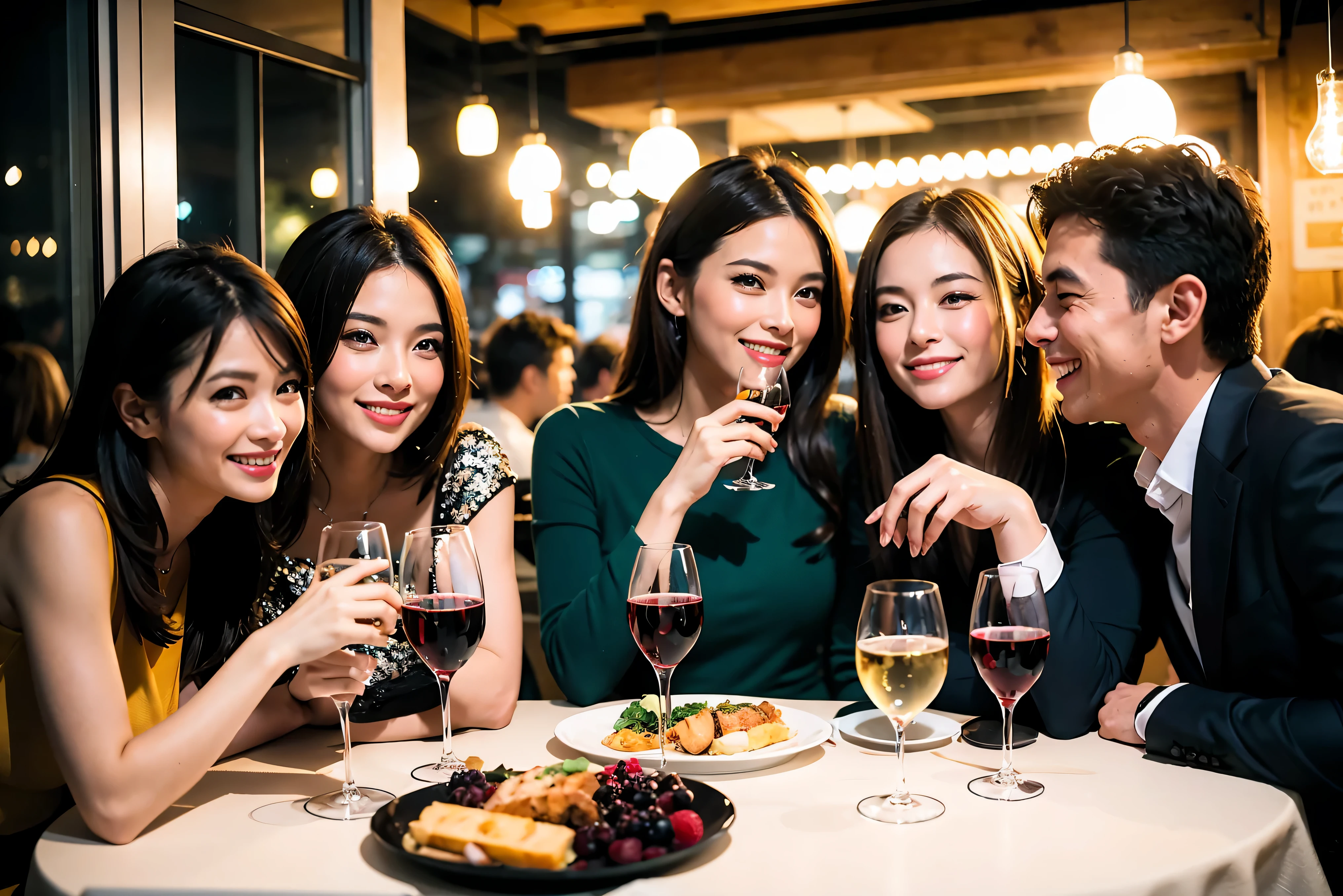 64k, UHD, highest quality, masterpiece: 1.2), (realistic, photorealistic: 1.37), Super detailed, celebration party、beauty、beautiful mature woman、3 women who love wine、Three Men、champagne、Sparkling wine、winter night、restaurantでワイン宴会、(slimな男女4名),(Wine party for 5 people)、(slimフェイス),Happy、 最高なsmile、Fox Face、Berry Short、(because I'thin), (brown hair), (shortcut), long sleeve shirt、winter fashion、Japanese、Dutch、German、Portuguese、Belgian、Italian、french, (gushing), (slimボティ), (brown hair), (shortcut), 端正なbeauty、cheeks blush a little, (34 years old), 38 years old, alone, A beautiful and detailed night view spreads out outside the window....., restaurant, wine glassが座っている, At night, in a prominent place (from the Upper body) nova frog style, actress, model, Upper body, White wine, slim, wine glass, Very beautiful night view, wine glass Put in the Middle, Happy smile, (smile: 1.15),