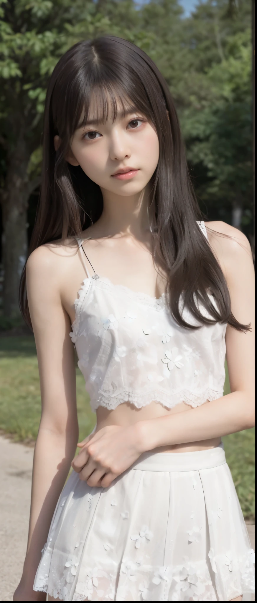 straight hair swaying in the wind 、Show ears、embarrassed look、feeling embarrassed、face it head on
(RAW photo, highest quality), (realistic, Photoreal:1.3), masterpiece, Shoulders are very narrow and small、delicate, Slender and beautiful, soft light, (brown hair, Shoulder-length straight hair sways in the wind), beautiful detailed girl, (finger details), Highly detailed double eyes and face, Beautiful and delicate nipples and areola, beautiful and detailed eyes, 1 girl, Japanese, Neat beauty, cute, young, smile, 超美しくてcute顔、(small and thin thighs 1.8),(small ass), All 7 S Bian, , gardenia, (Skinny Slender Beautiful Girl:1.4), Thin and small waist and thighs, (full nude:1.3), (Chinese and American breasts), realistic face, realistic body, outdoor、Highly detailed CG Unity 8K wallpaper, highest quality, Super detailed, masterpiece, realistic, photo realistic, 非常に詳細なcute女の子, 20-year-old, Lace floral dress, blush, parted lips, looking at the viewer , 半身full nude、shot , (crowd), (crowded park) , realistic美しく美乳、, 非常に詳しいcute女の子, 20-year-old, ((highest quality、perfect extreme facial details、white floral lace skirt