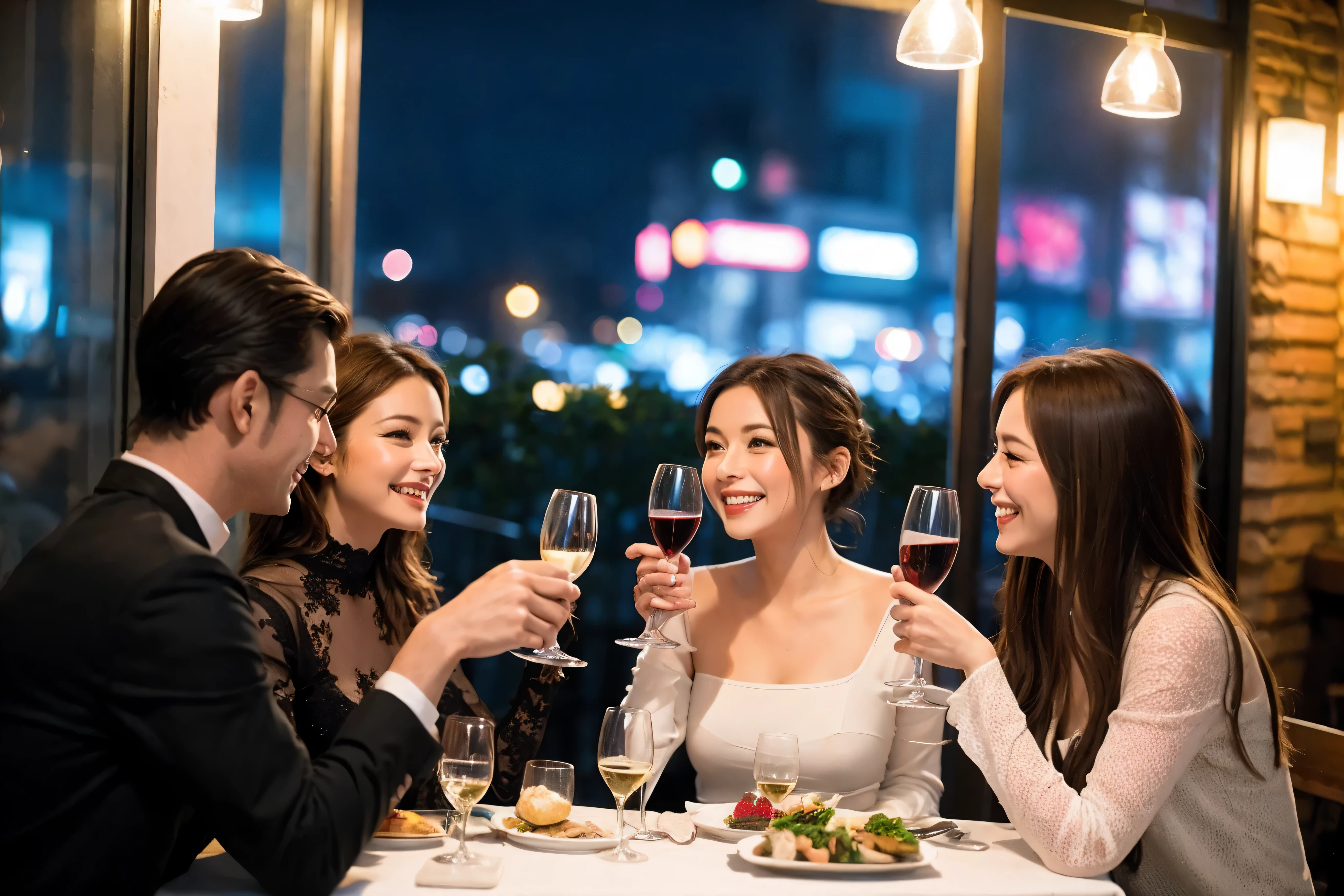 64k, UHD, highest quality, masterpiece: 1.2), (realistic, photorealistic: 1.37), Super detailed, celebration party、beauty、beautiful mature woman、3 women who love wine、Three Men、champagne、Sparkling wine、winter night、restaurantでワイン宴会、(slimな男女4名),(Wine party for 5 people)、(slimフェイス),Happy、 最高なsmile、Fox Face、Raccoon face、Berry Short、(because I'thin), (brown hair), (shortcut), long sleeve shirt、winter fashion、Colombia、Brazilian、Japanese、Dutch、German、Portuguese、Belgian、Italian、french, (gushing), (slimボティ), (brown hair), (shortcut), 端正なbeauty、cheeks blush a little, (41 years old), 38 years old, 35 years old、 A beautiful and detailed night view spreads out outside the window....., restaurant, wine glassが座っている, At night, in a prominent place (from the Upper body) nova frog style, actress, model, Upper body, White wine, slim, wine glass, Very beautiful night view, wine glass Put in the Middle, Happy smile, (smile: 1.15),
