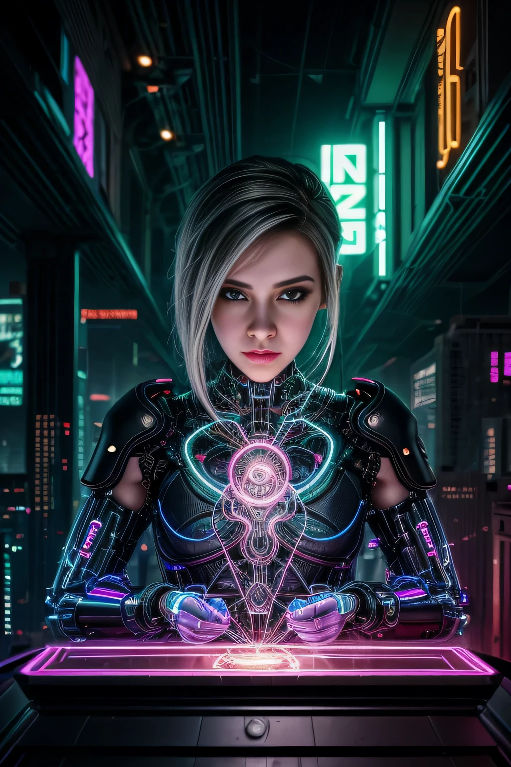 In a neon-lit metropolis of the future, where the lines between humanity and technology blur, envision the meticulous process of stable diffusion that transforms an ordinary girl into a stunning cyberpunk masterpiece. The diffusion process involves seamlessly integrating advanced cybernetic enhancements with organic elements, resulting in a harmonious synthesis of human and machine. Imagine the intricate details of this transformation, from the glowing circuitry that delicately weaves through her skin to the cybernetic eyes that shimmer with an otherworldly brilliance. Envision the vibrant interplay of neon colors, holographic tattoos, and augmented reality overlays that adorn her body, creating a mesmerizing tapestry of futuristic aesthetics. Capture the essence of her enhanced abilities, whether it's enhanced agility, neural connectivity, or cybernetic interfaces that empower her in the cyberpunk world. Explore the fusion of elegance and technology, and bring forth the image of a cyberpunk girl who not only navigates the urban dystopia with grace but also exudes a captivating allure that transcends the boundaries of the digital and organic realms.