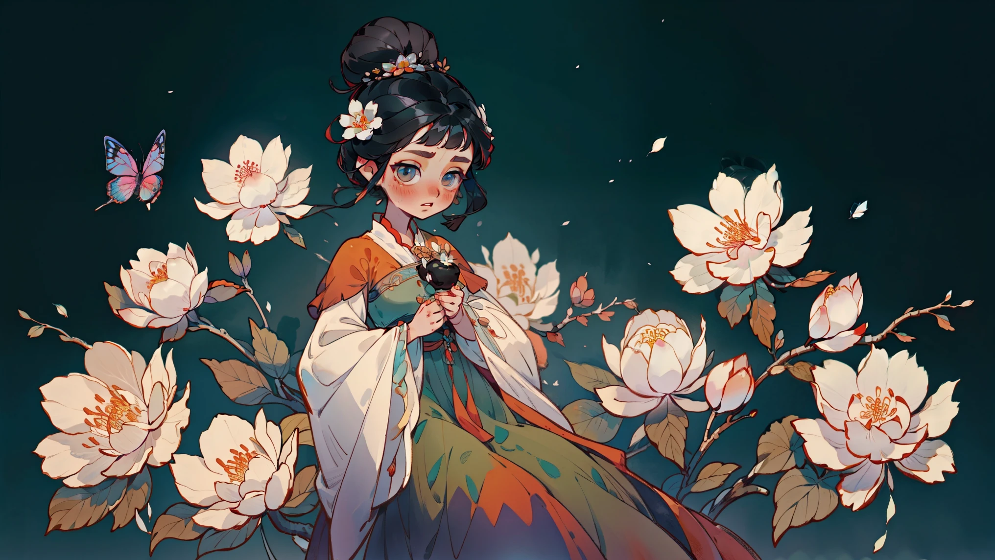 1个Giant Breast Girl, Alone, looking at viewert, face flushed, Background with, black hair color hair, hair adornments, longer sleeves, white backgrounid, Eternal, Full body lesbian, blossom flower, hairflower, hair-bun, butterflys, tmasterpiece, recent quality, The finest details, Clear facial features, beautidful eyes
