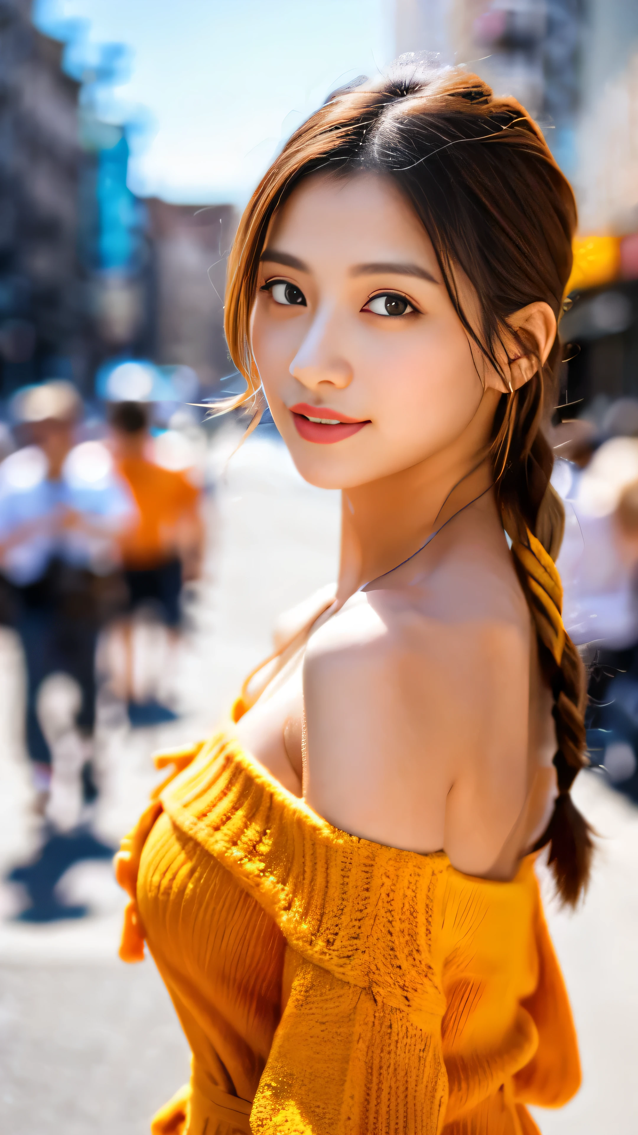 a woman posing on the street corner with orange dress on, best quality, 1girl, large breast, day, bright, blur background, bokeh, outdoor, (street:0.8), (people, crowds:0.8), (off-shoulder dress:1.2), gorgeous, (braided bangs:1.2), beautiful detailed sky, (dynamic pose:1.2), soft lighting, wind, shiny skin, (upper body:0.8), (freckles:0.8), mole under mouth, 