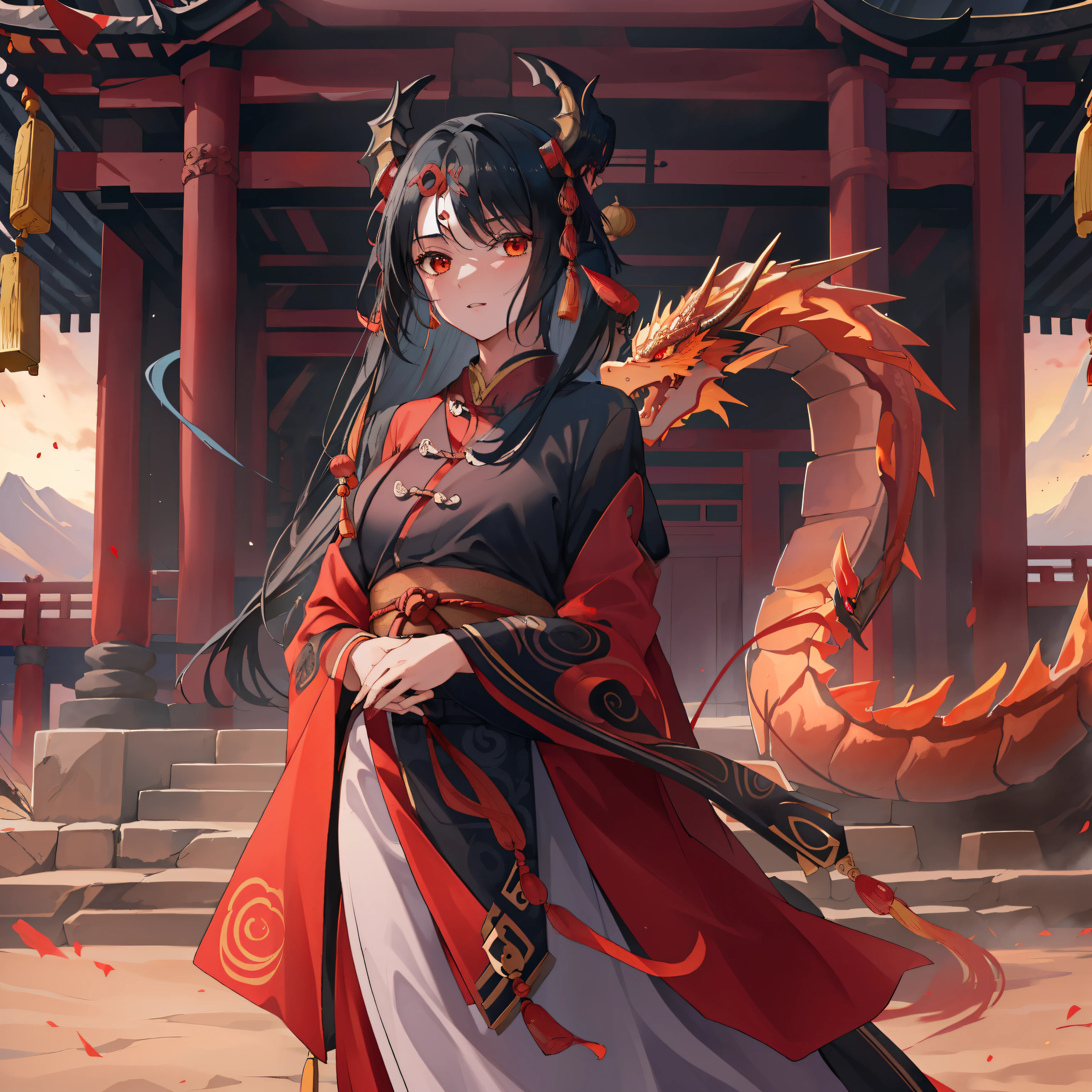 1 girl,black hair,((temple background)),dust dragon,dust,alone,permanent,landscape,Sunset,Wide-angle lens,fantasy,actual,red hanfu,((vortex dust chinese dragon)), ((best quality)), ((masterpiece)), (Very detailed:1.3)