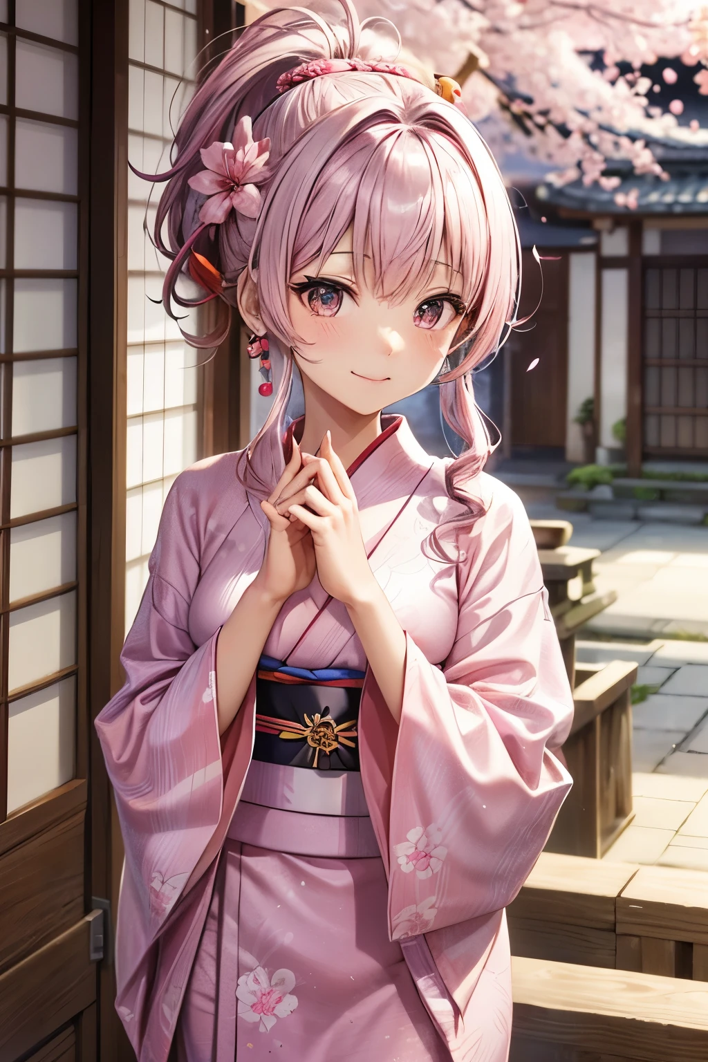 A 18 years old Japanese lady(( small breast, slender)),((put her hands on her mouth )), multicolored medium hair((curly ponytail))(( much shaggy forelock:1.3)),((pink gradient hair )), tidy yukata ((dianthus patterns )),Japanese style coat((cherry blossoms color )),(( half moon motif’s hairpin )) , shiny pink big round droopy eyes, blush and passionate smile, fearless atmosphere, neatly posing, best quality