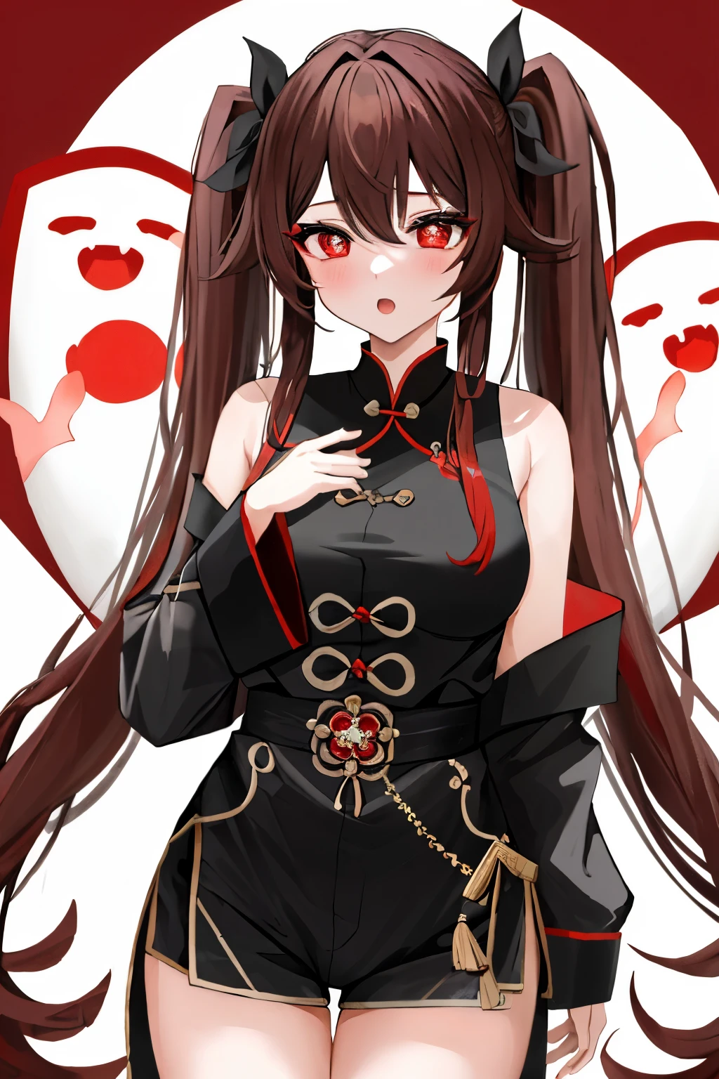 japanese ,(18 years old) , big eyes, slant eyes:1.1, crimson eyes, pale skin, absurdly long hair, hime cut, jet black hair, baby face:0.9, small breasts, slender body, standard height, black choker, black thigh-high socks, small red roas flower hair ornament:1.3, face close up