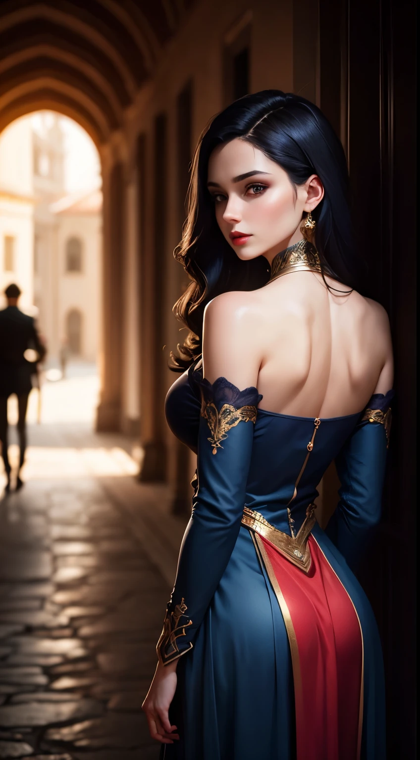 Woman, 30 years, romanic clothes ,dark blue hair, red eyes, red lips, Surrealism, cinematic lighting, god rays, from behind, bokeh, UHD, masterpiece, super detail, high quality