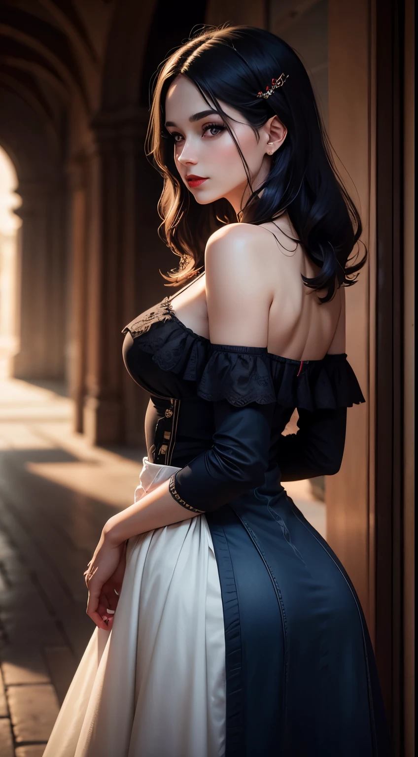 Woman, 30 years, romanic clothes ,dark blue hair, red eyes, red lips, Surrealism, cinematic lighting, god rays, from behind, bokeh, UHD, masterpiece, super detail, high quality