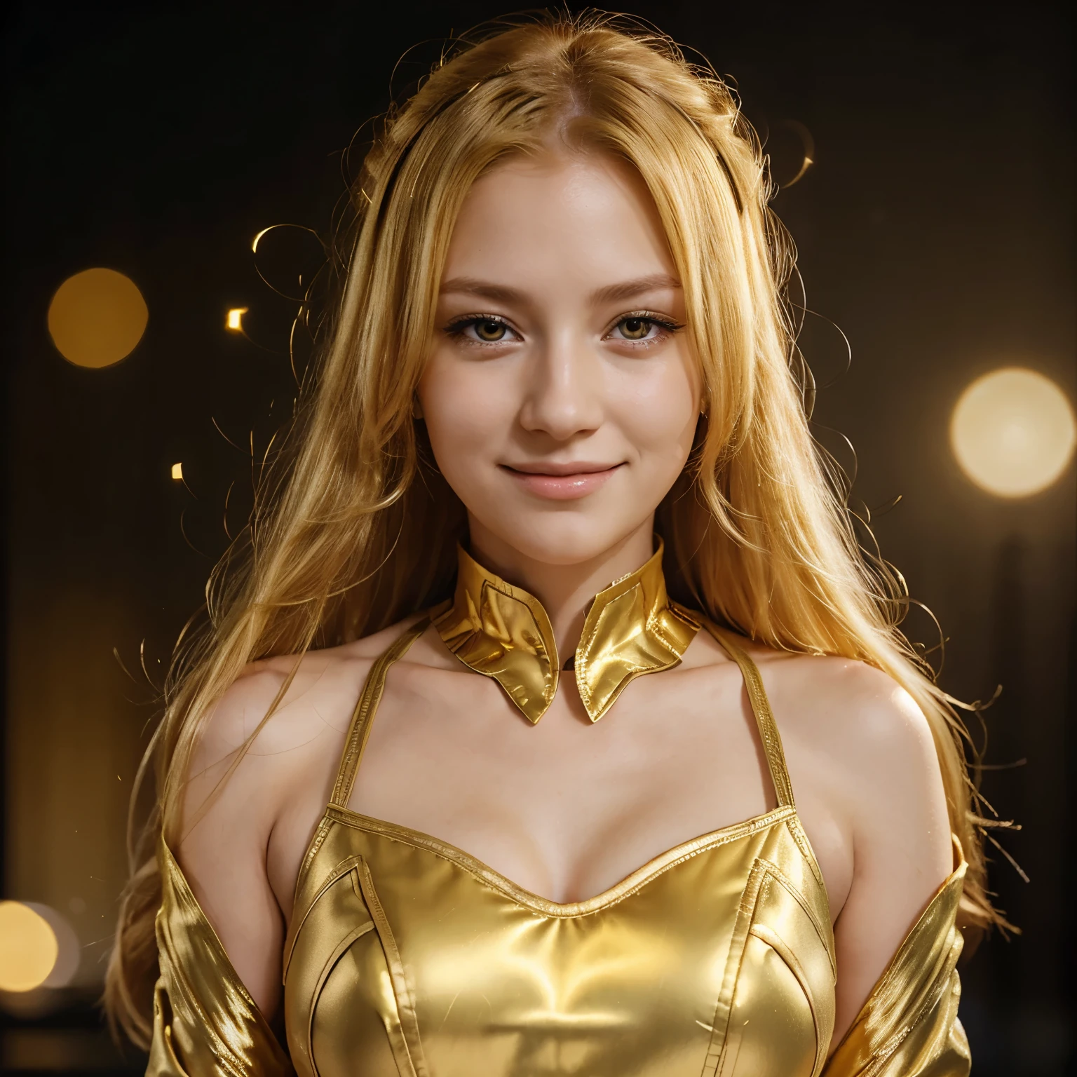 Girl, flowing golden blonde hair, yellow eyes, golden imperial outfit, neckline, anime, the background is a clear sky with twinkling lights, dynamic angle, arrogant laughter