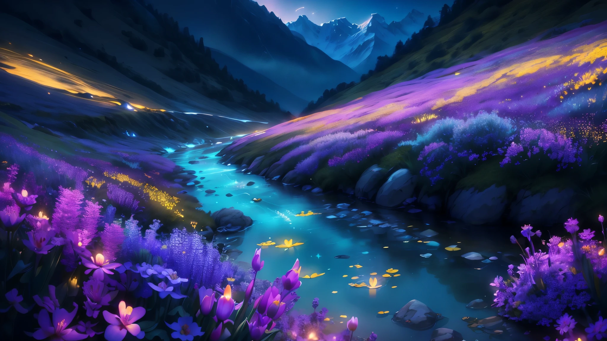 Generate a sketch art of the Valley of Flowers in the Himalayas during the spring bloom. Use a hovering camera angle to capture the sea of vibrant flowers. Showcase intricate details of diverse flora and include a magical touch by incorporating glowing fireflies dancing around the blossoms for a cinematic ambiance. add glowing river, ((glowing water))