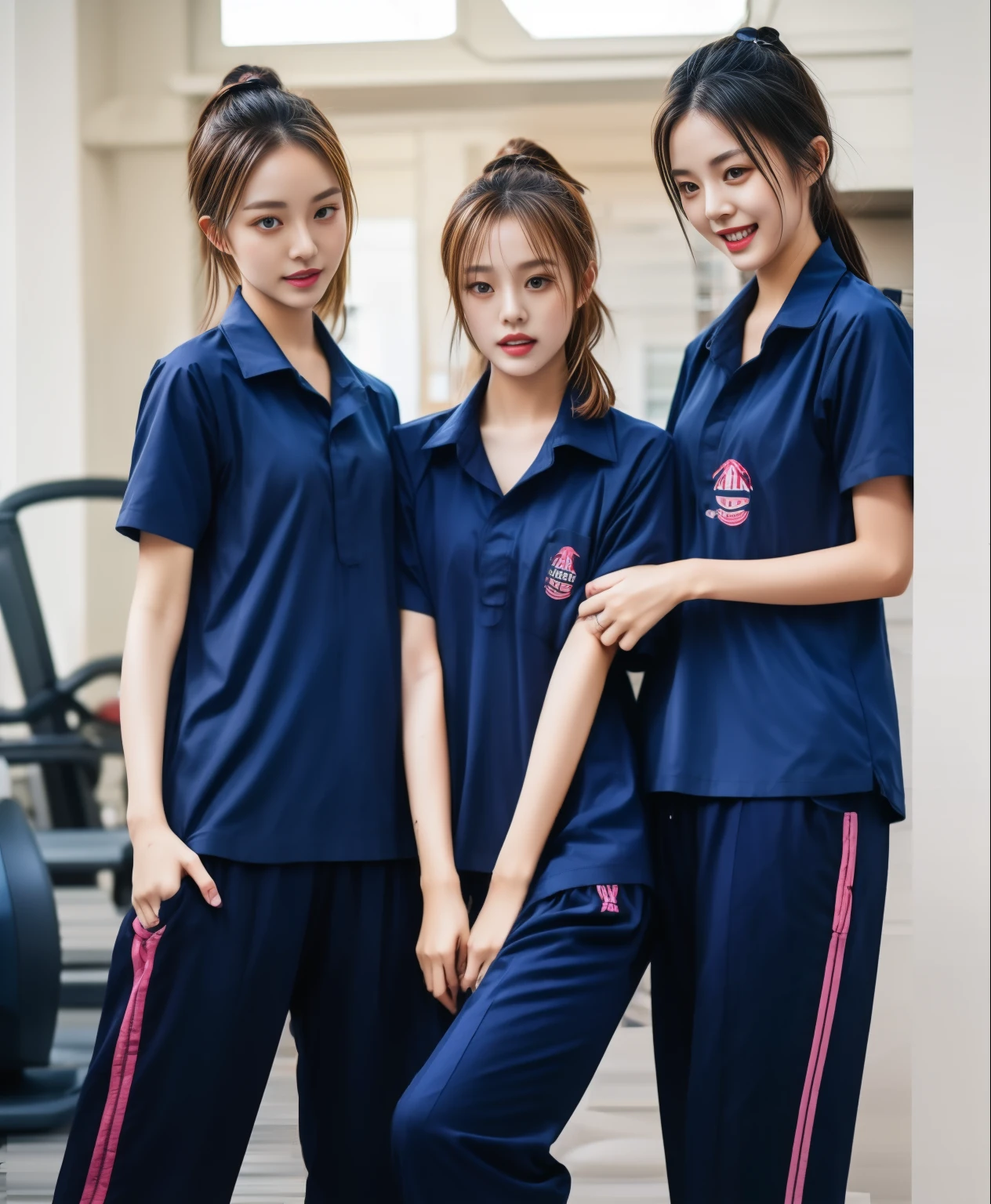 3 girls in fitness center, Navy blue short-sleeved shirt,Navy Long Trackpant,Sweatpants, Sweatpantsขายาว,25 year old girl, lesbian, sexy, exercise clothes, wet body, exercise clothes