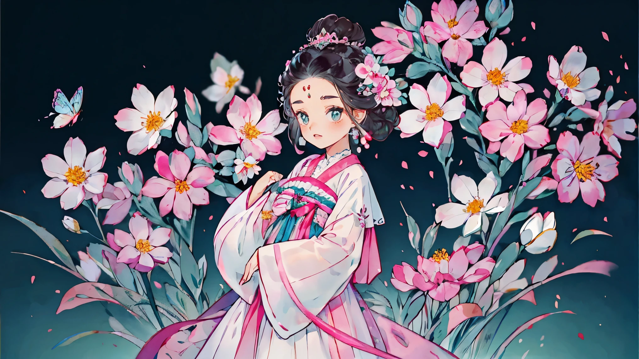 1 Sister, Alone, looking at viewert, face flushed, Background with, black hair color hair, hair adornments, longer sleeves, white backgrounid, Eternal, Full body lesbian, flowers blooming, in pink, hairflower, hair-bun, butterflys, tmasterpiece, recent quality, The finest details, Clear facial features, beautidful eyes