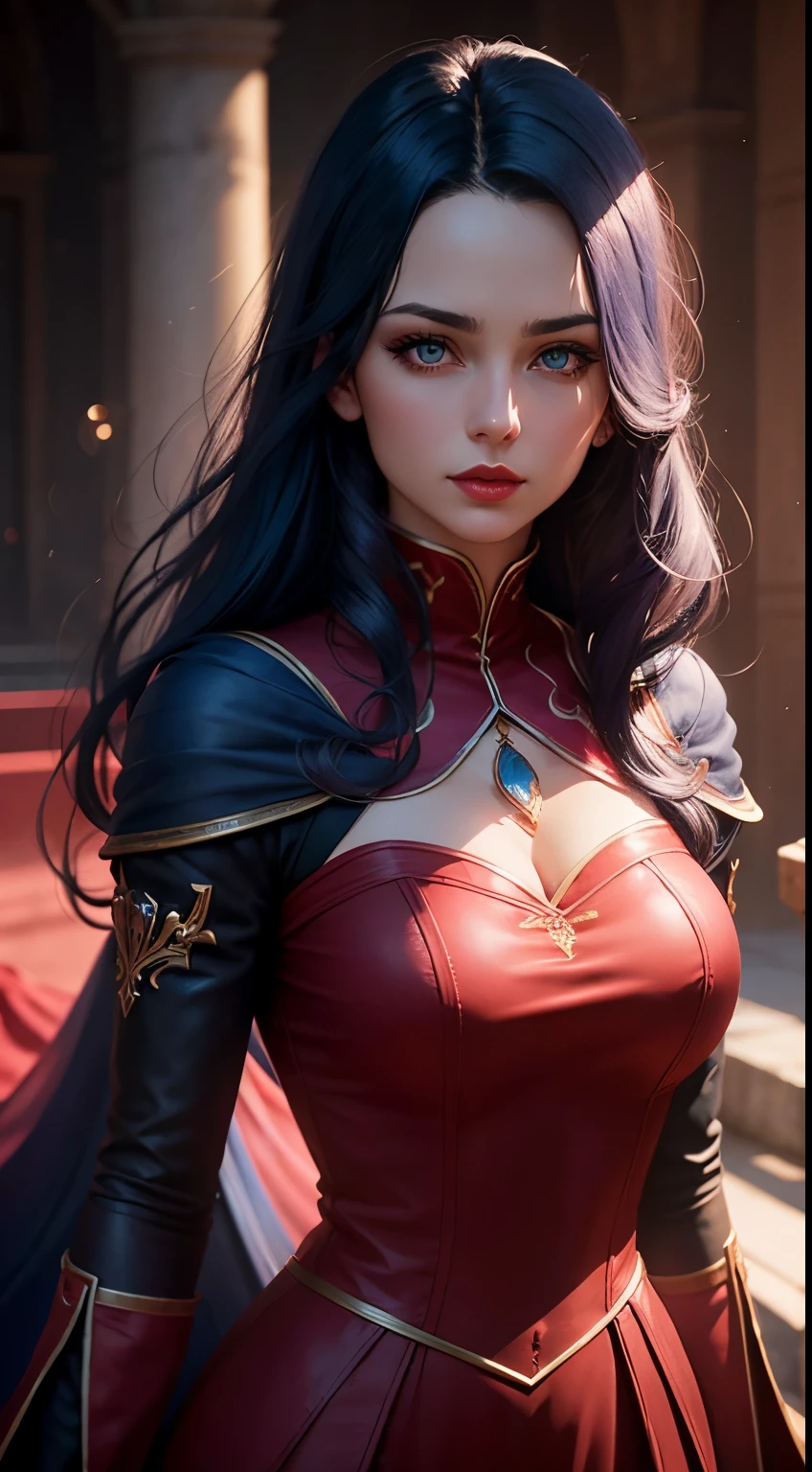 Woman, 30 years, romanic clothes ,dark blue hair, red eyes, red lips, Surrealism, cinematic lighting, god rays, bokeh, UHD, masterpiece, super detail, high quality, 2d background pink and red