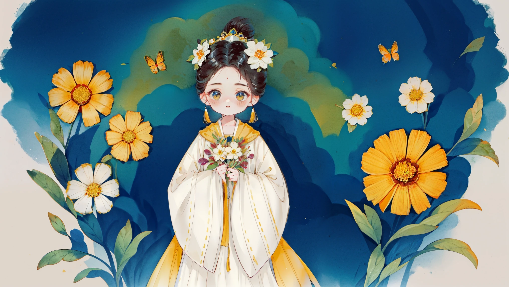 1 Sister, Alone, looking at viewert, face flushed, Background with, black hair color hair, hair adornments, longer sleeves, white backgrounid, Eternal, Full body lesbian, golden colored, flowers blooming, hairflower, hair-bun, butterflys, tmasterpiece, recent quality, The finest details, Clear facial features, beautidful eyes