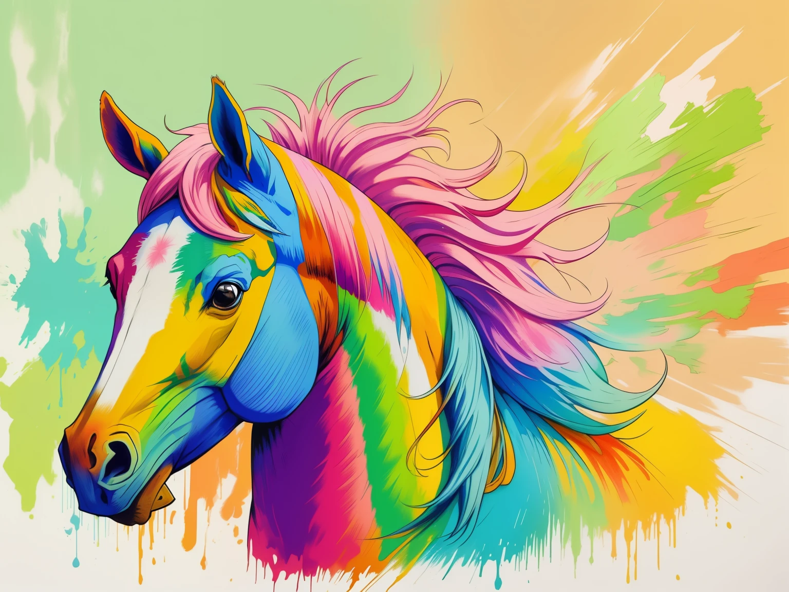 arte centrada for t-shirts, animal olhando para o horizonte, efeito realista, Cores pastel, Paint explosion, ((arte centrada)), Animal, cavalo, equino 
