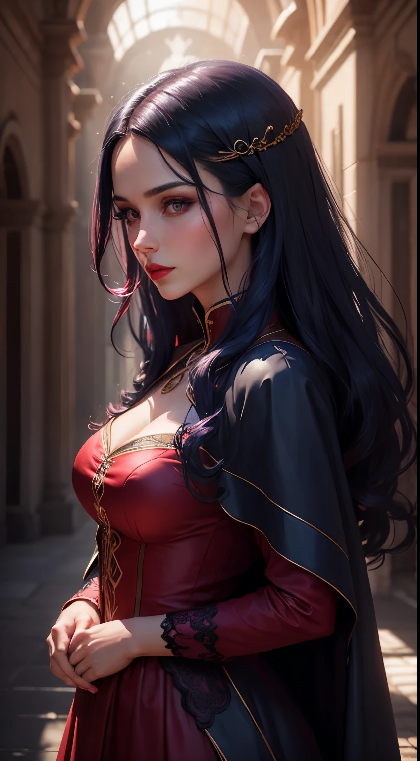 Woman, 30 years, romanic clothes ,dark blue hair, red eyes, red lips, Surrealism, cinematic lighting, god rays, bokeh, UHD, masterpiece, super detail, high quality, 2d background pink and red