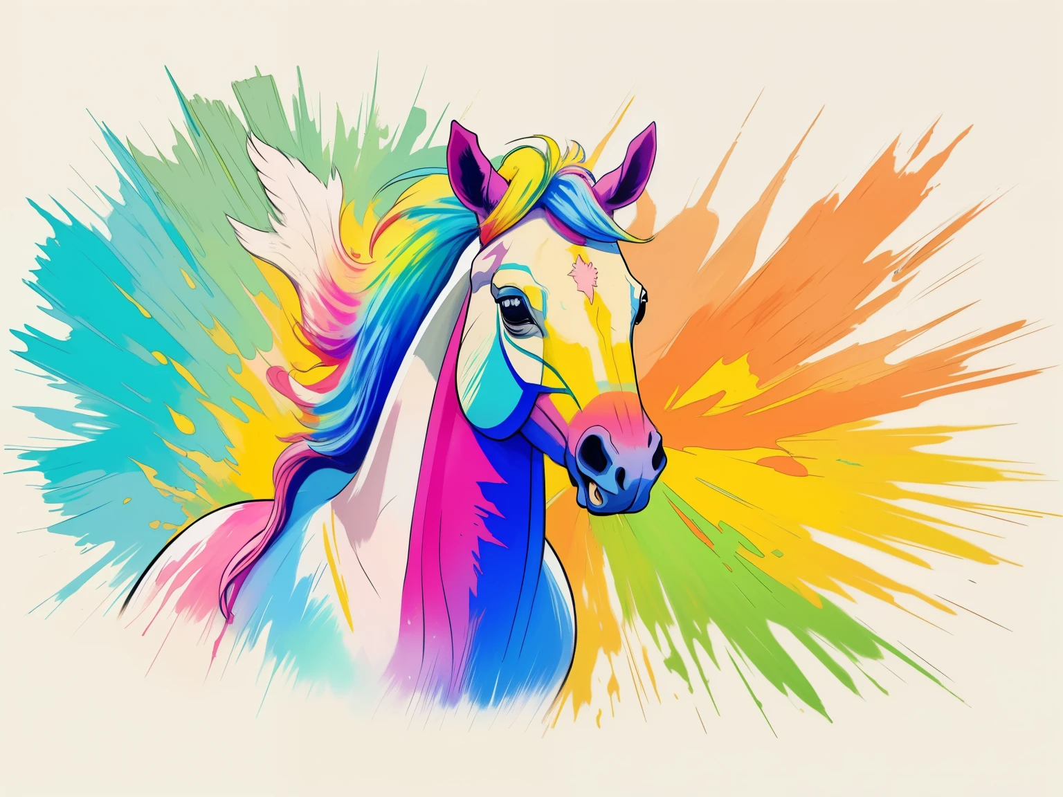 arte centrada for t-shirts, animal olhando para o horizonte, efeito realista, Cores pastel, Paint explosion, ((arte centrada)), Animal, cavalo, equino