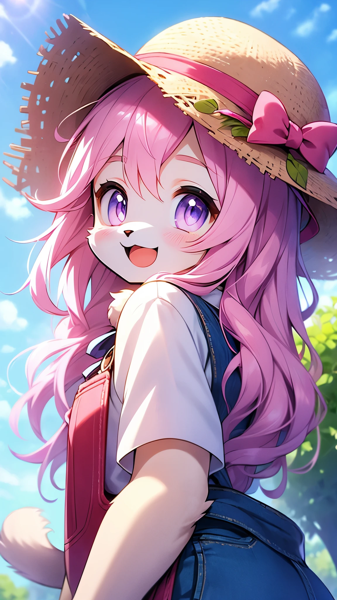 cat furry girl,neck fur,pink long hair,pink fur,straw hat,denim overalls,blush,vegetable nersery, smile,open mouth,happy,looking at viewer,sunshine,blue sky,upper body only,side view