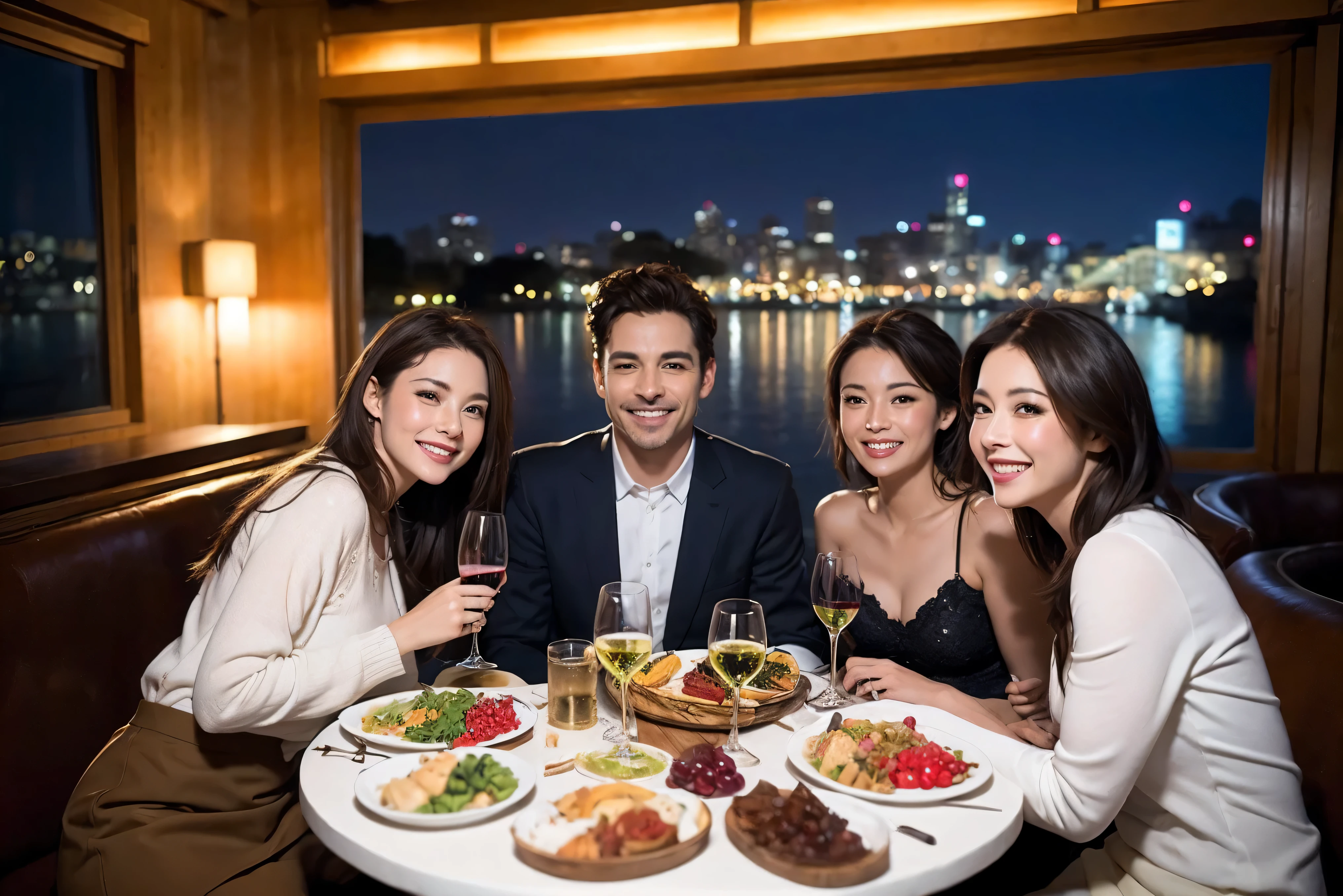 64k, UHD, highest quality, masterpiece: 1.2), (realistic, photorealistic: 1.37), Super detailed, celebration party、beauty、beautiful mature woman、3 women who love wine、Three Men、champagne、Sparkling wine、winter night、restaurantでワイン宴会、(slimな男女4名),(Wine party for 5 people)、(slimフェイス),Happy、 最高なsmile、Fox Face、Raccoon face、Berry Short、(because I&#39;thin), (brown hair), (shortcut), long sleeve shirt、winter fashion、Colombia、Brazilian、Japanese、Dutch、German、Portuguese、Belgian、Italian、french, (gushing), (slimボティ), (brown hair), (shortcut), 端正なbeauty、cheeks blush a little, (41 years old), 38 years old, 35 years old、 A beautiful and detailed night view spreads out outside the window....., restaurant, wine glassが座っている, At night, in a prominent place (from the Upper body) nova frog style, actress, model, Upper body, White wine, slim, wine glass, Very beautiful night view, wine glass Put in the Middle, Happy smile, (smile: 1.15), 