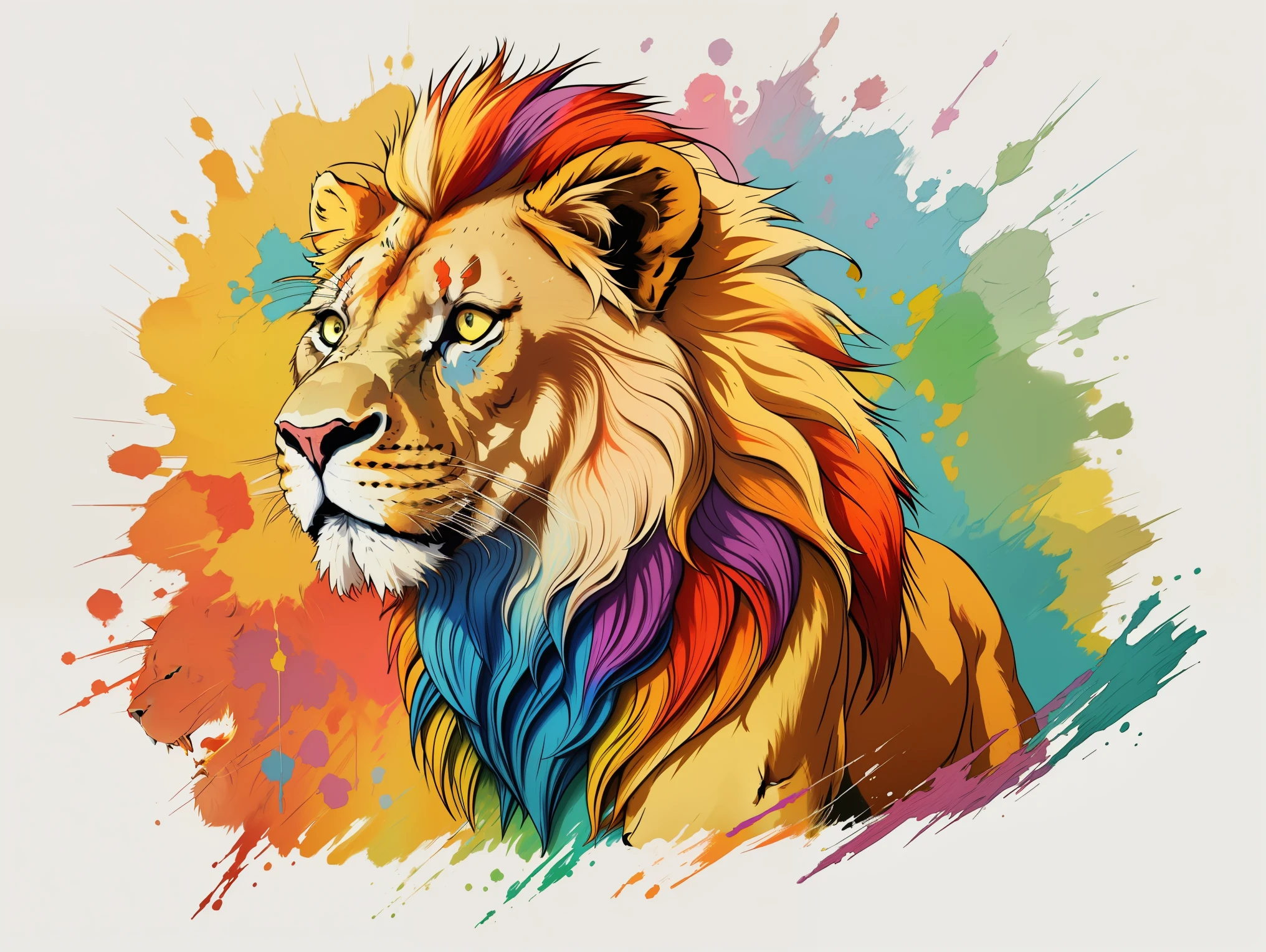 arte centrada for t-shirts, lion olhando para o horizonte, efeito realista, Cores pastel, Paint explosion, ((arte centrada)), lion, Animal