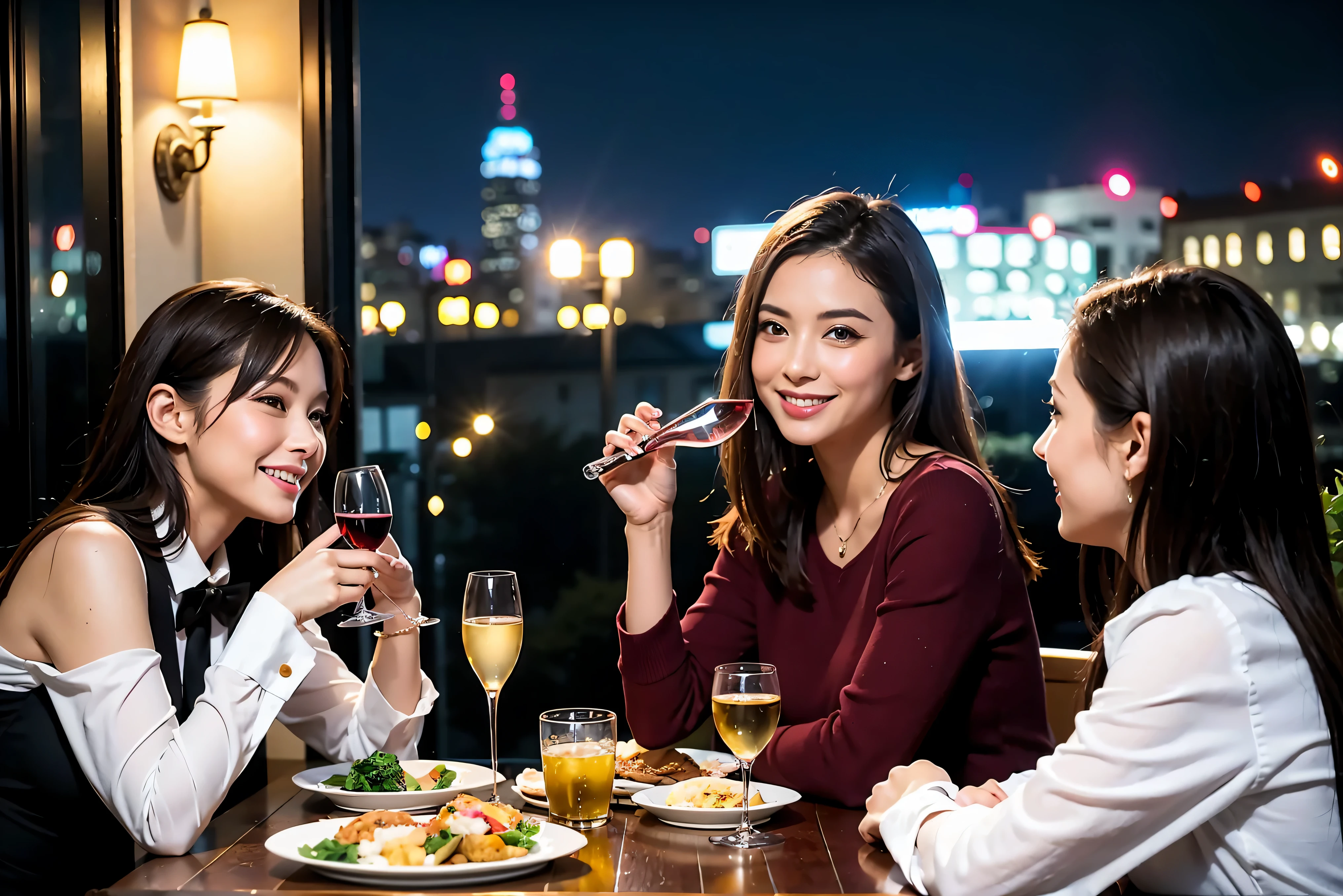 64k, UHD, highest quality, masterpiece: 1.2), (realistic, photorealistic: 1.37), Super detailed, celebration party、beauty、beautiful mature woman、3 women who love wine、Three Men、champagne、Sparkling wine、winter night、restaurantでワイン宴会、(slimな男女4名),(Wine party for 5 people)、(slimフェイス),Happy、 最高なsmile、Fox Face、Berry Short、(because I&#39;thin), (brown hair), (shortcut), long sleeve shirt、winter fashion、Japanese、Dutch、German、Portuguese、Belgian、Italian、french, (gushing), (slimボティ), (brown hair), (shortcut), 端正なbeauty、cheeks blush a little, (34 years old), 38 years old, alone, A beautiful and detailed night view spreads out outside the window....., restaurant, wine glassが座っている, At night, in a prominent place (from the Upper body) nova frog style, actress, model, Upper body, White wine, slim, wine glass, Very beautiful night view, wine glass Put in the Middle, Happy smile, (smile: 1.15), 