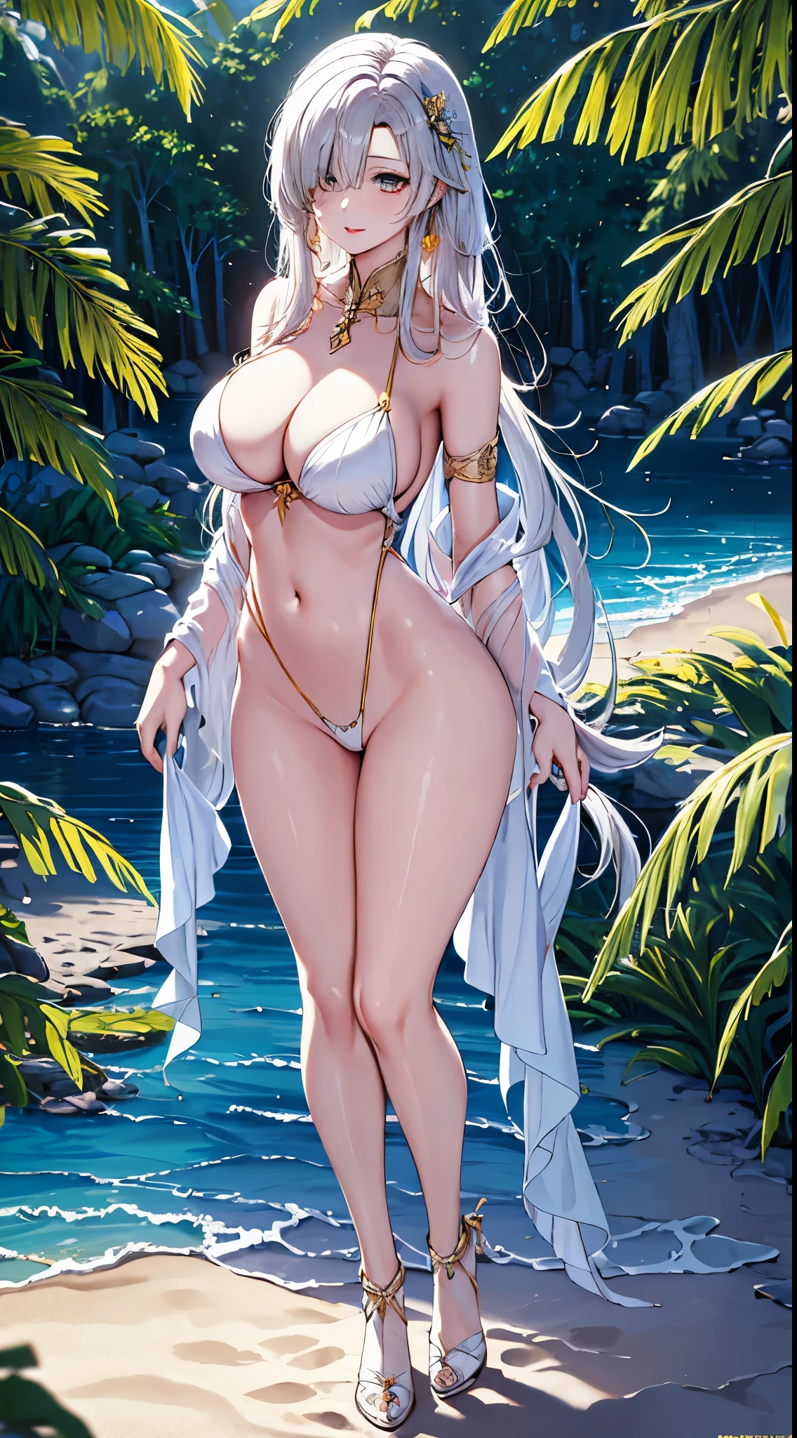 On the beach，Beautiful full-body woman, muscular、Perfect body, ((take a step back)), wide neckline, afro blonde hair, Enchanting pose, standing on the sand，Wear gold jewelry, Highly detailed facial and skin textures, , face slimming, 多汁lips, lips, Big and swollen, Super Micro Breastplate，African black curly hair, blonde hair, brightened skin, hazel delicate eyes, double eyelids, 黄金Metal网饰品，NSFW, 佩戴金色Metal，Ultra-fine rubber ribbon, Metal项圈, Metal金色未来派小丁字裤, Metal, Metal粘合剂, Thin silk cupless bra, Metal衣服, gold body jewelry, wet skin, She was naked. White skin, dark jungle，with large trees, masterpiece
