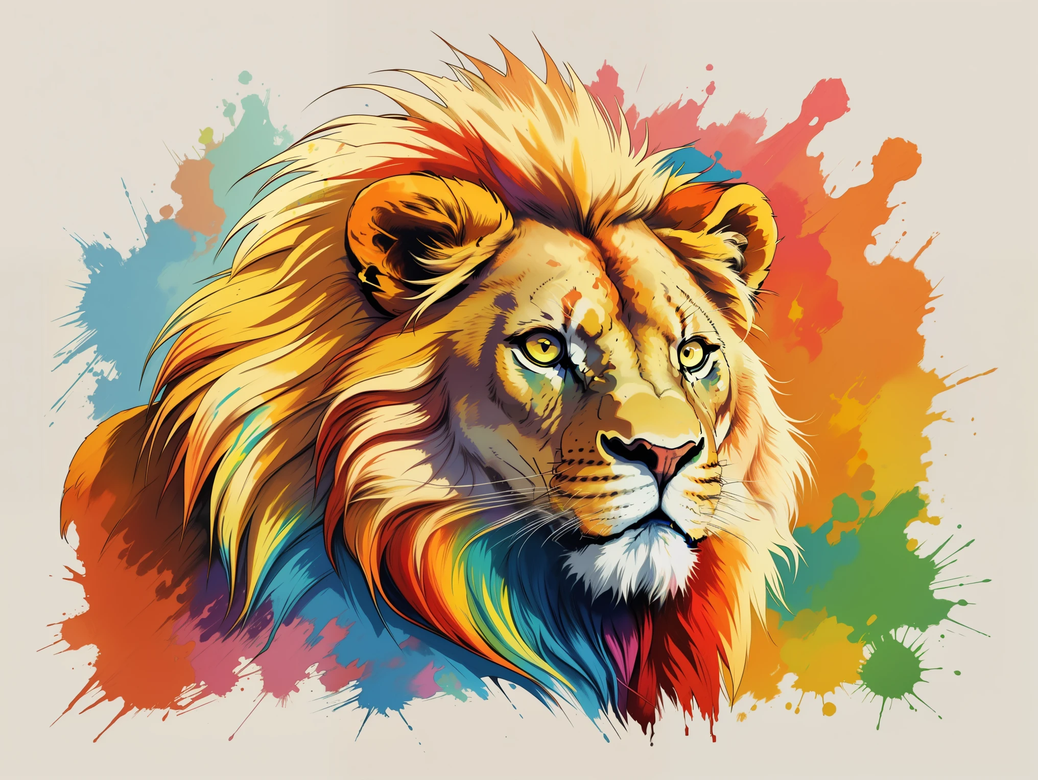 arte centrada for t-shirts, lion olhando para o horizonte, efeito realista, Cores pastel, Paint explosion, ((arte centrada)), lion, Animal