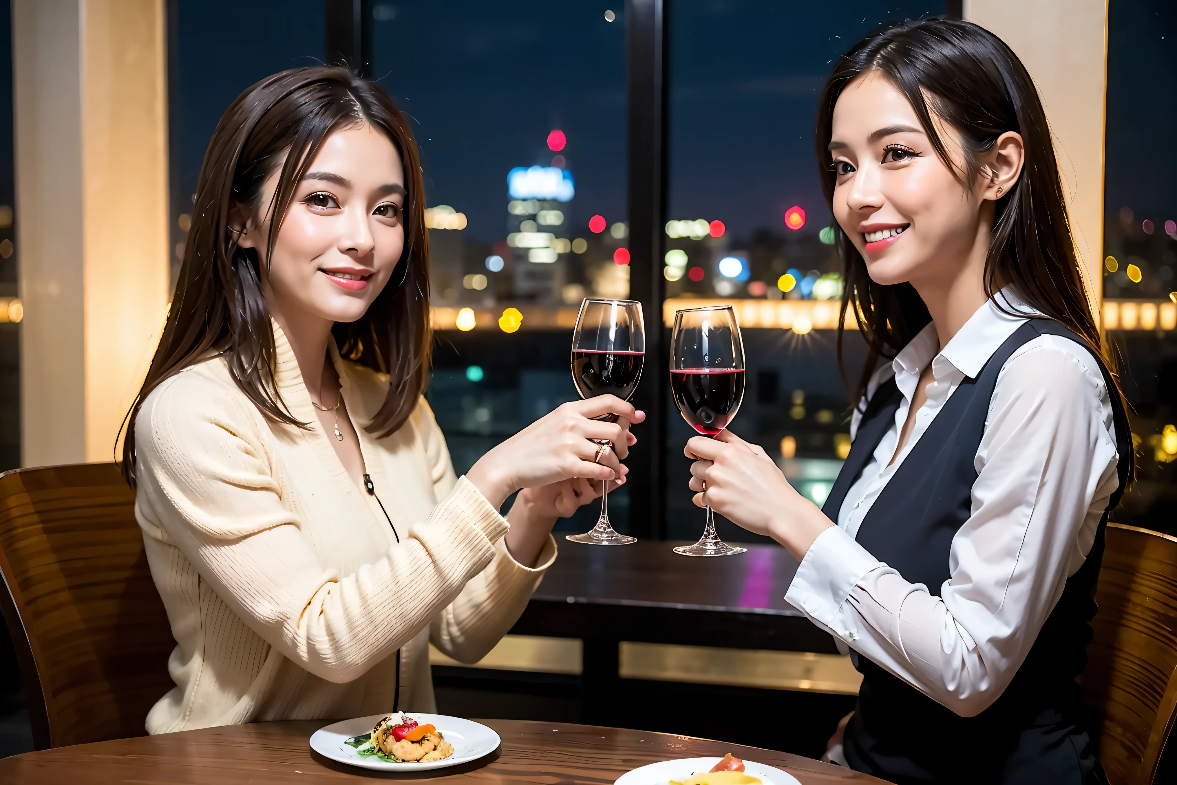 64k, UHD, highest quality, masterpiece: 1.2), (realistic, photorealistic: 1.37), Super detailed, celebration party、beauty、beautiful mature woman、3 women who love wine、Three Men、champagne、Sparkling wine、winter night、restaurantでワイン宴会、(slimな男女4名),(Wine party for 5 people)、(slimフェイス),Happy、 最高なsmile、Fox Face、Berry Short、(because I'thin), (brown hair), (shortcut), long sleeve shirt、winter fashion、Japanese、Dutch、German、Portuguese、Belgian、Italian、french, (gushing), (slimボティ), (brown hair), (shortcut), 端正なbeauty、cheeks blush a little, (34 years old), 38 years old, alone, A beautiful and detailed night view spreads out outside the window....., restaurant, wine glassが座っている, At night, in a prominent place (from the Upper body) nova frog style, actress, model, Upper body, White wine, slim, wine glass, Very beautiful night view, wine glass Put in the Middle, Happy smile, (smile: 1.15),