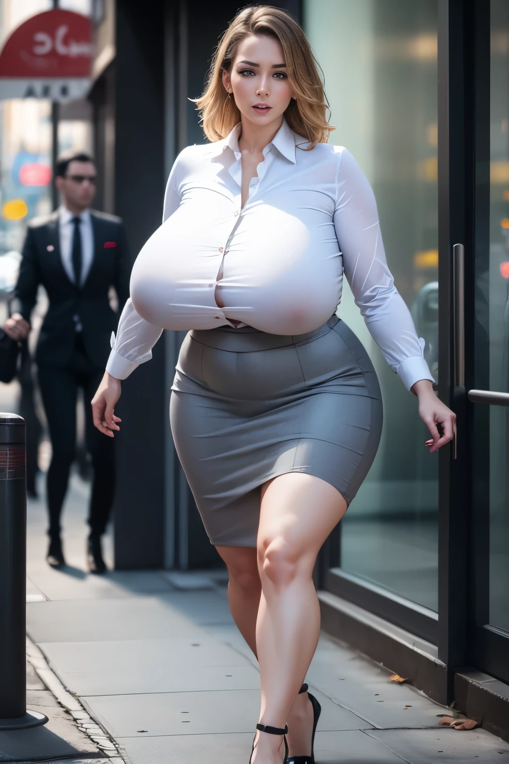 A 35 years old woman, walking in the street in a modern city. Wearing a light grey business shirt, business skirt, high heels, extremely huge saggy breasts. She is in a hurry. Trying to look graceful.