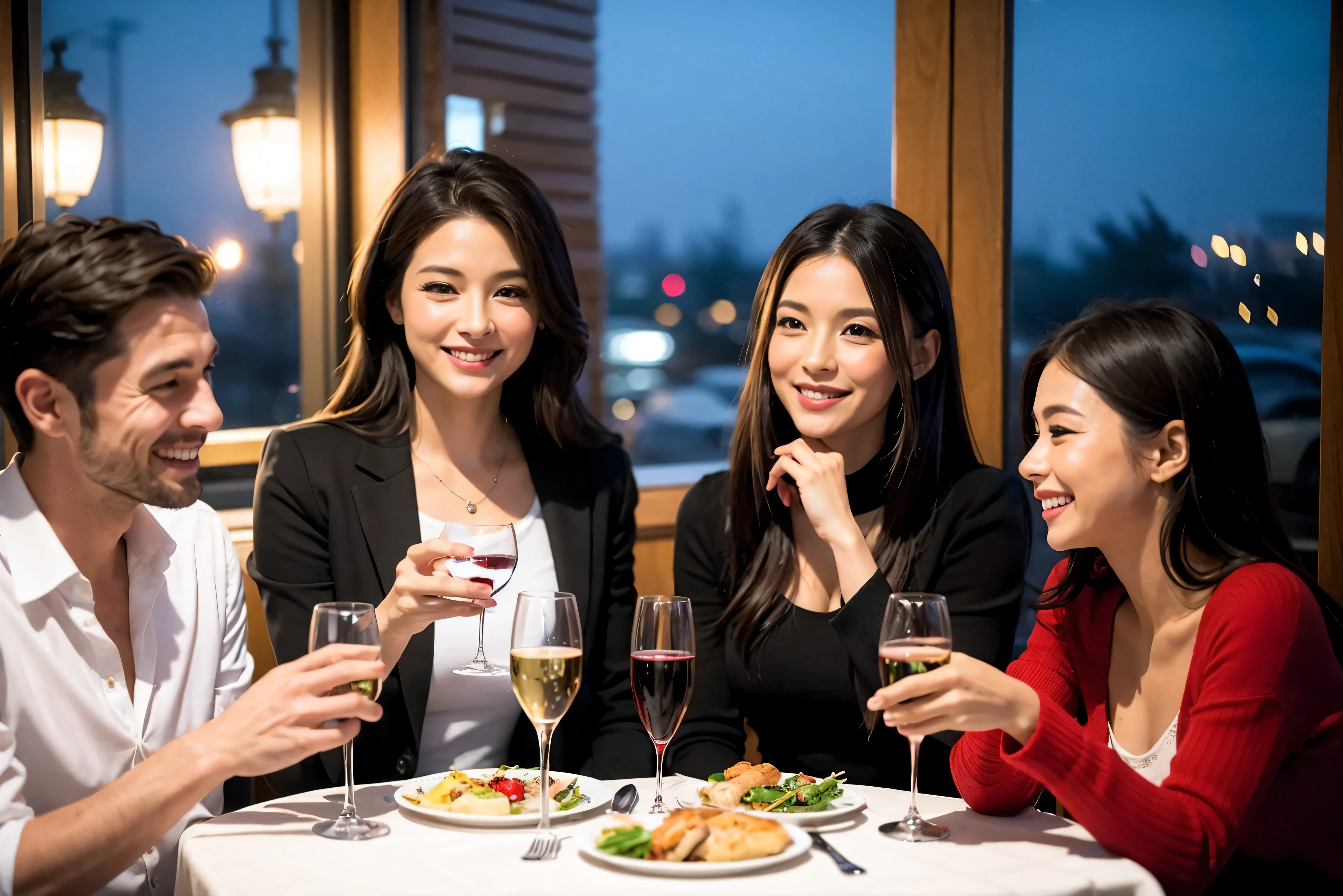 64k, UHD, highest quality, masterpiece: 1.2), (realistic, photorealistic: 1.37), Super detailed, celebration party、beauty、beautiful mature woman、3 women who love wine、Three Men、champagne、Sparkling wine、winter night、restaurantでワイン宴会、(slimな男女4名),(Wine party for 5 people)、(slimフェイス),Happy、 最高なsmile、Fox Face、Raccoon face、Berry Short、(because I&#39;thin), (brown hair), (shortcut), long sleeve shirt、winter fashion、Colombia、Brazilian、Japanese、Dutch、German、Portuguese、Belgian、Italian、french, (gushing), (slimボティ), (brown hair), (shortcut), 端正なbeauty、cheeks blush a little, (41 years old), 38 years old, 35 years old、 A beautiful and detailed night view spreads out outside the window....., restaurant, wine glassが座っている, At night, in a prominent place (from the Upper body) nova frog style, actress, model, Upper body, White wine, slim, wine glass, Very beautiful night view, wine glass Put in the Middle, Happy smile, (smile: 1.15), 