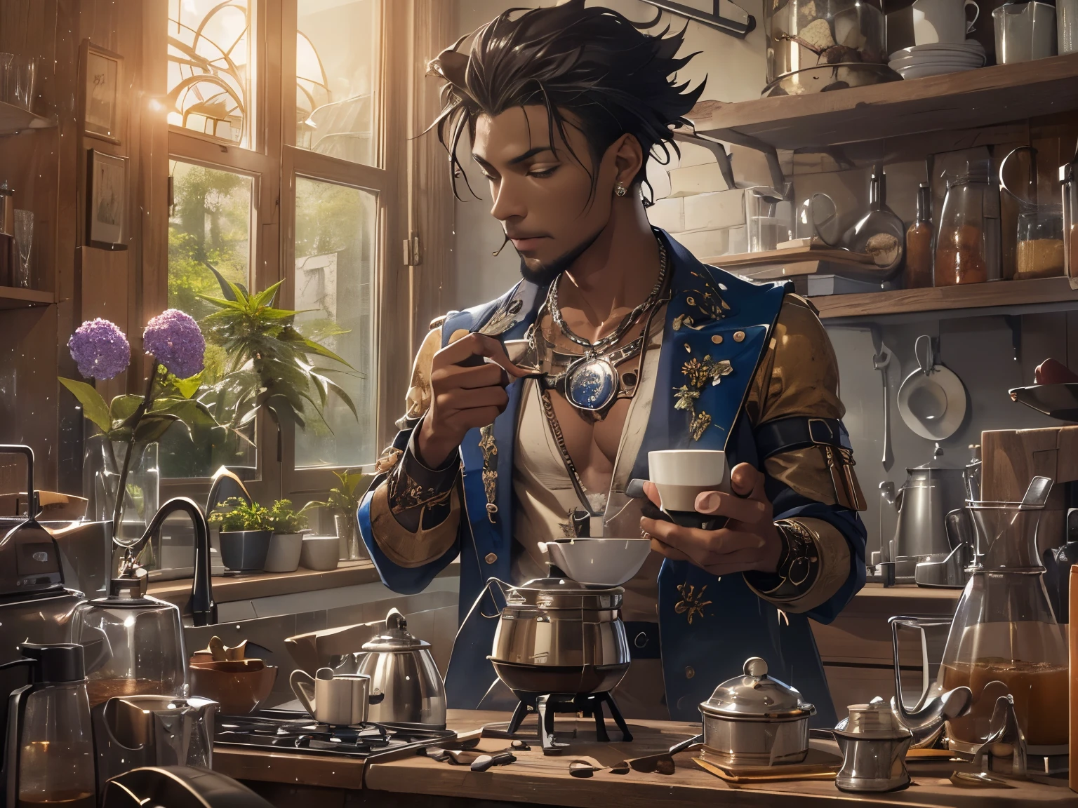 ((determined ((dark-skinned ((Haitian)) male steampunk alchemist)) brewing coffee with moka pot in kitchen, (wearing detailed flowing outfit), (wearing chunky emerald stone necklace), (cannabis flower tattoos on arms and body), high quality photo, peacefully brewing coffee in dark-wood kitchen (with copious tall cannabis sativa plants and hydrangeas surrounding scene during foggy sunrise showing outside)