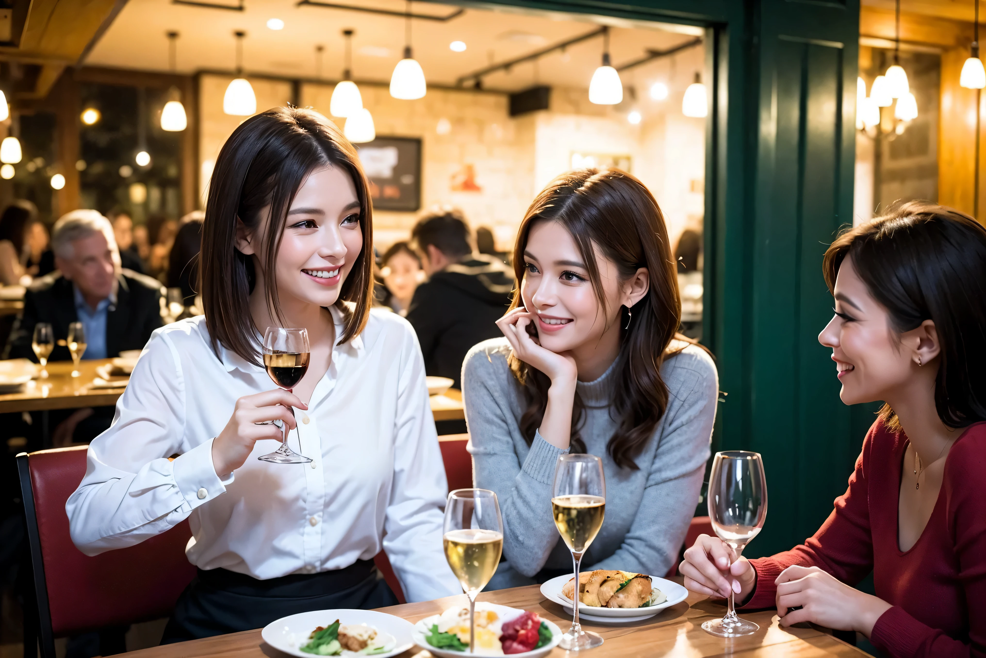 64k, UHD, highest quality, masterpiece: 1.2), (realistic, photorealistic: 1.37), Super detailed, celebration party、beauty、beautiful mature woman、3 women who love wine、Three Men、champagne、Sparkling wine、winter night、restaurantでワイン宴会、(slimな男女4名),(Wine party for 5 people)、(slimフェイス),Happy、 最高なsmile、Fox Face、Raccoon face、Berry Short、(because I'thin), (brown hair), (shortcut), long sleeve shirt、winter fashion、Colombia、Brazilian、Japanese、Dutch、German、Portuguese、Belgian、Italian、french, (gushing), (slimボティ), (brown hair), (shortcut), 端正なbeauty、cheeks blush a little, (41 years old), 38 years old, 35 years old、 A beautiful and detailed night view spreads out outside the window....., restaurant, wine glassが座っている, At night, in a prominent place (from the Upper body) nova frog style, actress, model, Upper body, White wine, slim, wine glass, Very beautiful night view, wine glass Put in the Middle, Happy smile, (smile: 1.15),