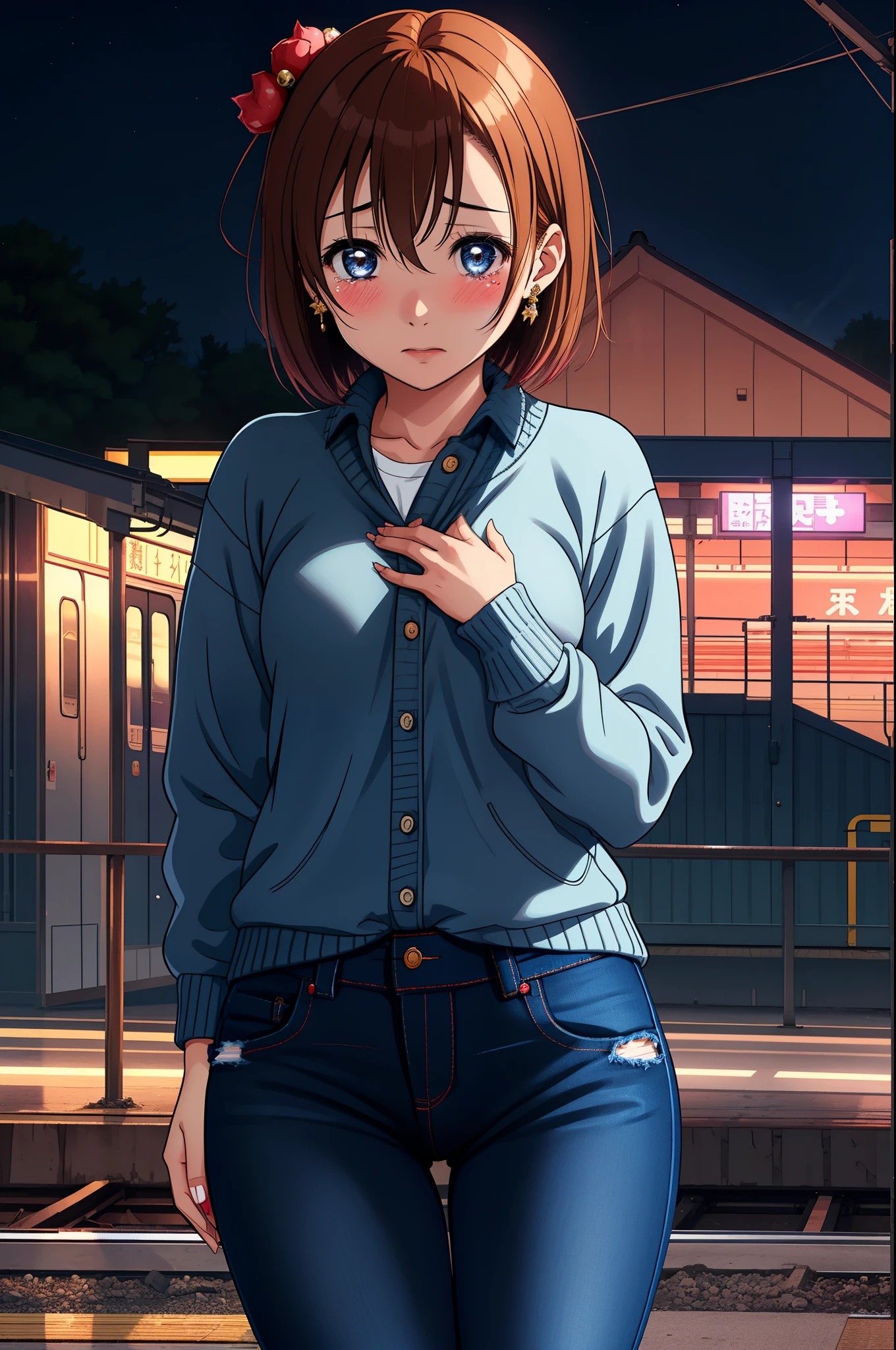 Kousaka honoka, night, train station, very tight jeans pants,sweater , praying hands, short hair, hair ornament, crotch lines, standing , yearning, Blushing, cowboy shot,tears in her eyes