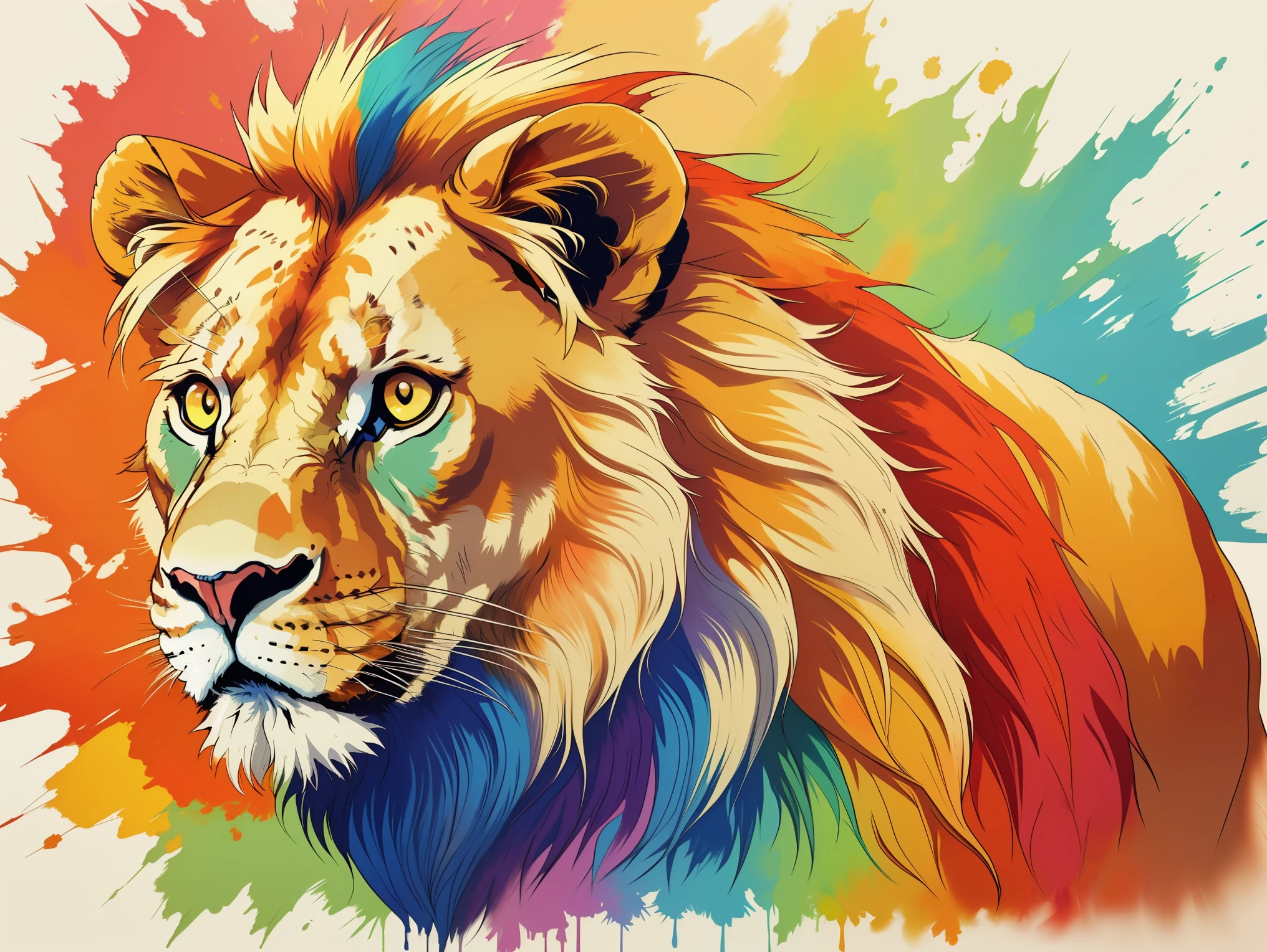 arte centrada for t-shirts, lion olhando para o horizonte, efeito realista, Cores pastel, Paint explosion, ((arte centrada)), lion, Animal