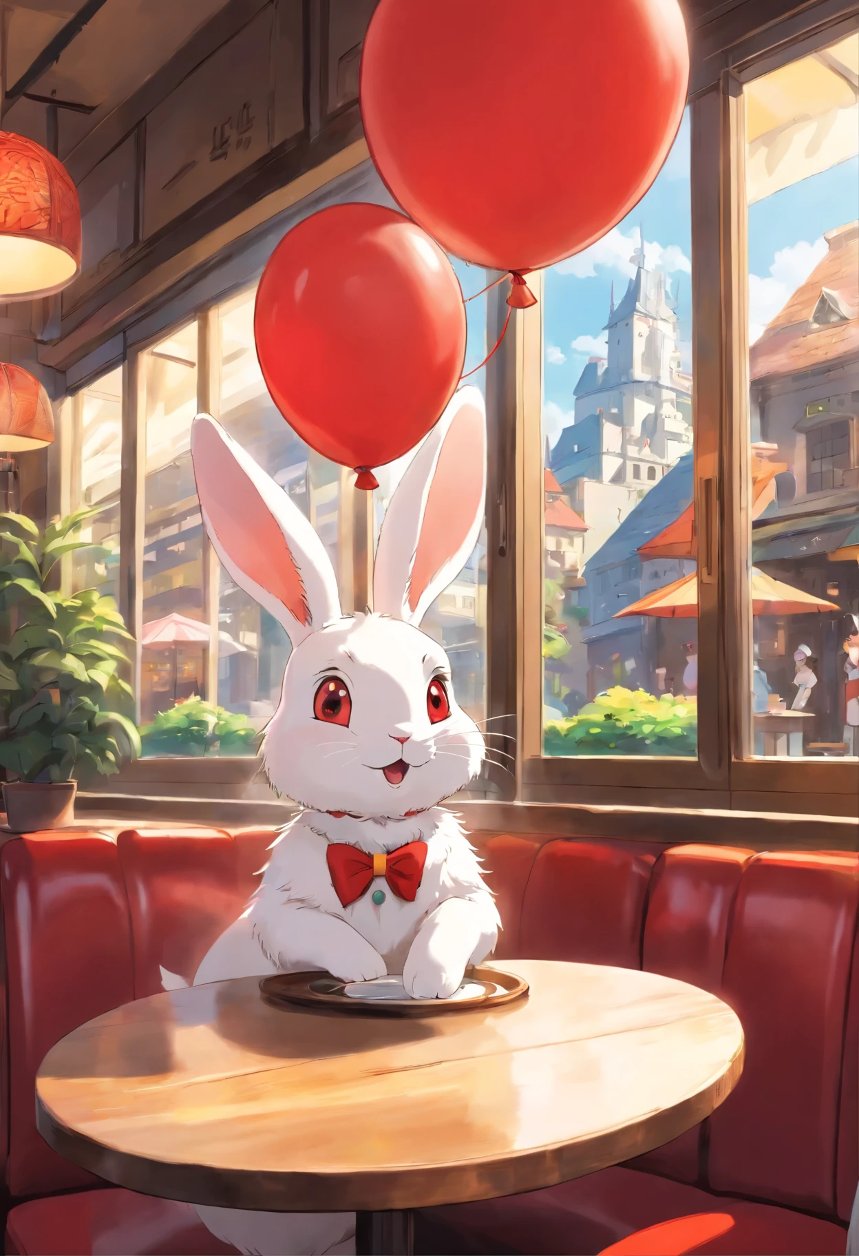 A round-eyed cute white rabbit, In a coffee shop, coffee table, Street view outside the window. A red balloon floating near the rabbit