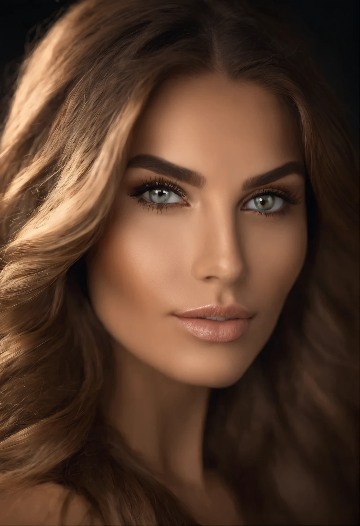 attractive European female, brown hair medium long, almond shaped eyes, heart shaped lips, athletic physique diamond heard facial symmetry front view only face and hair close up, ultra realestic,